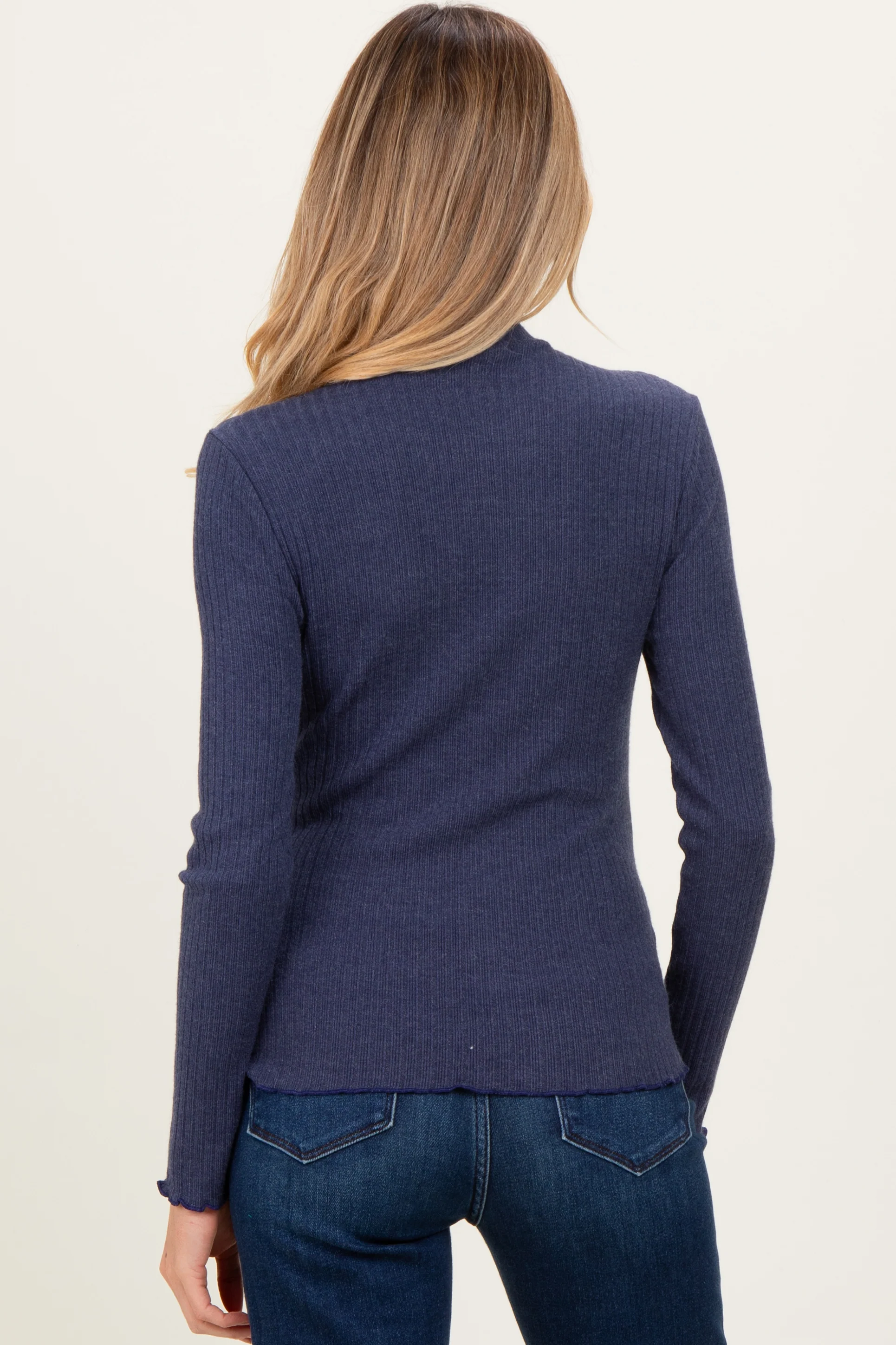 Navy Ribbed Mock Neck Ruffle Hem Maternity Long Sleeve Top - Image 3
