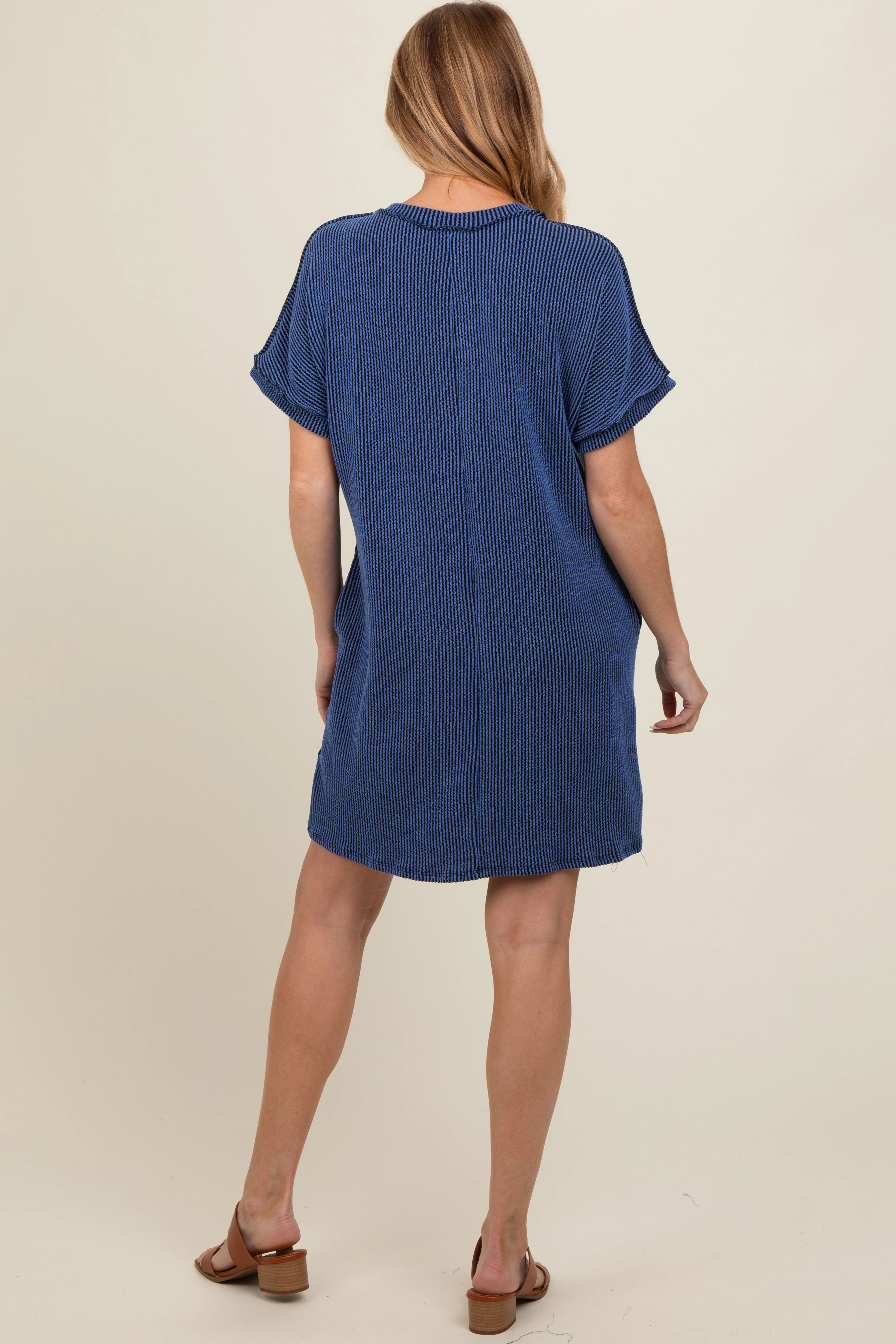 Navy Ribbed Rolled Cuff Maternity Dress - Image 3