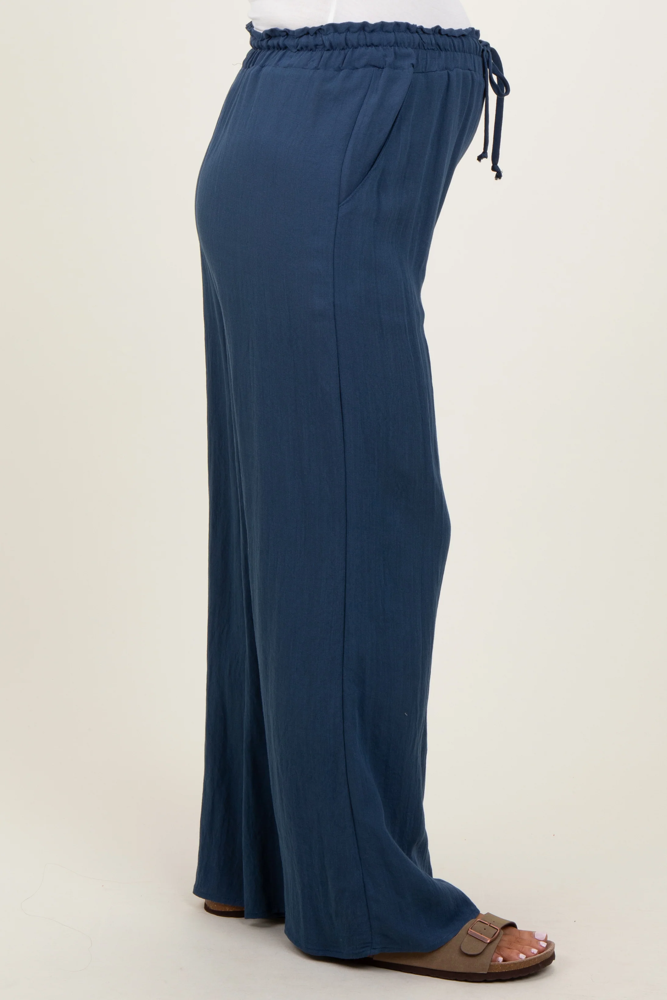 Navy Ruffled Drawstring Waist Wide Leg Maternity Pants - Image 4