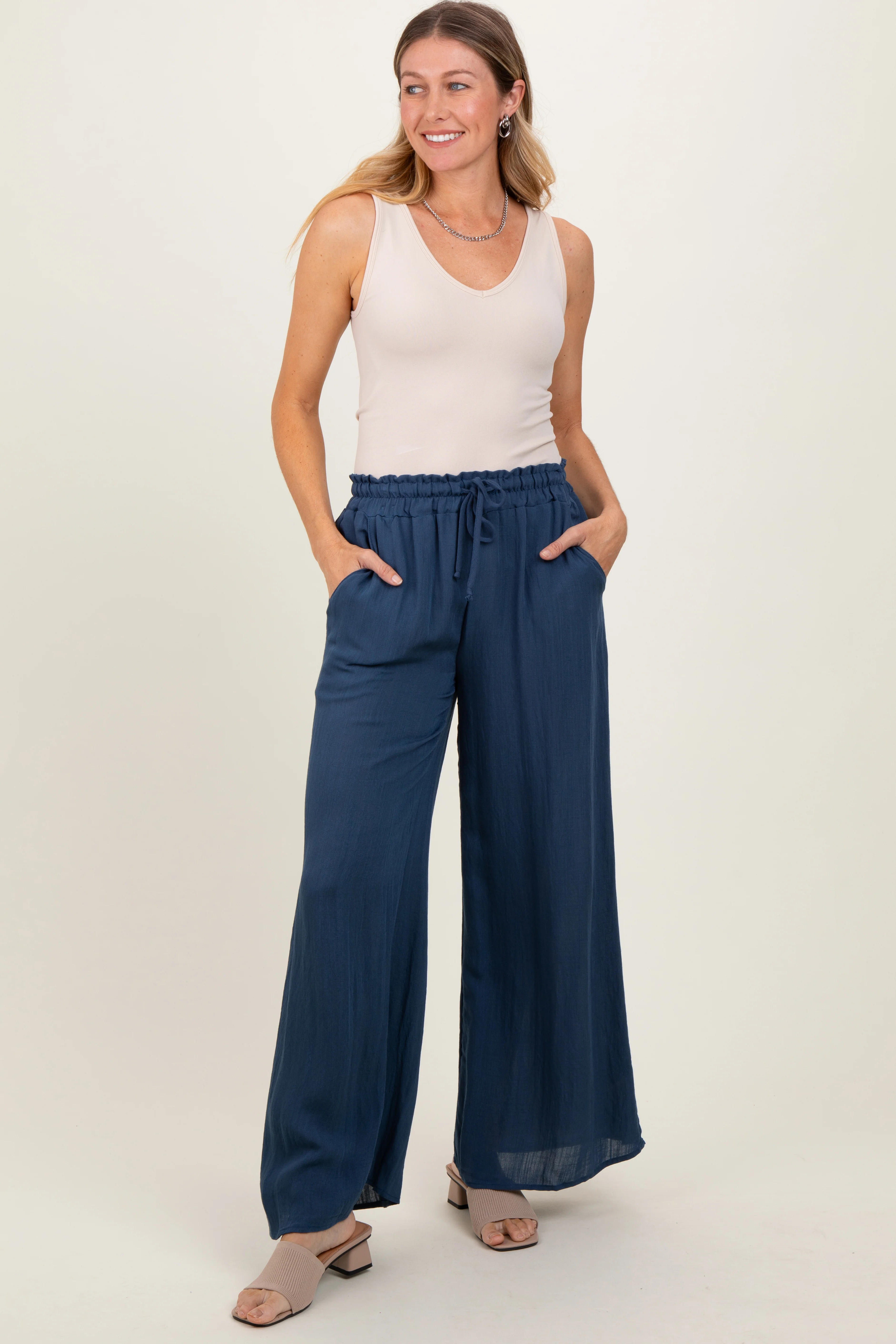 Navy Ruffled Drawstring Waist Wide Leg Maternity Pants - Image 6