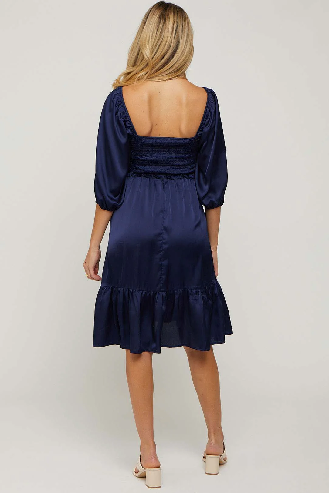 Navy Satin Smocked Ruffle Hem Maternity Dress - Image 3