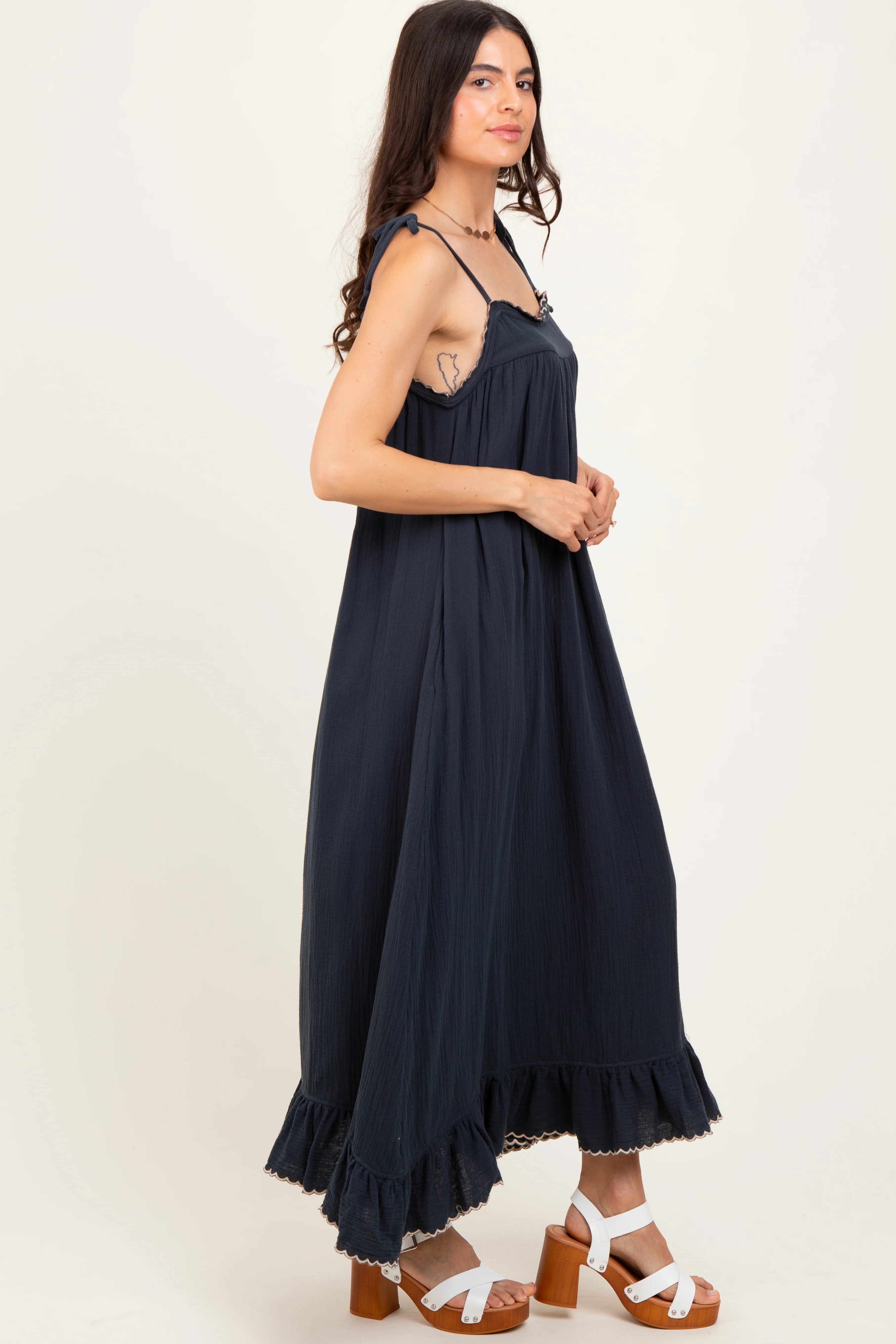 Navy Scallop Trim Shoulder Tie Maxi Dress - Image 3