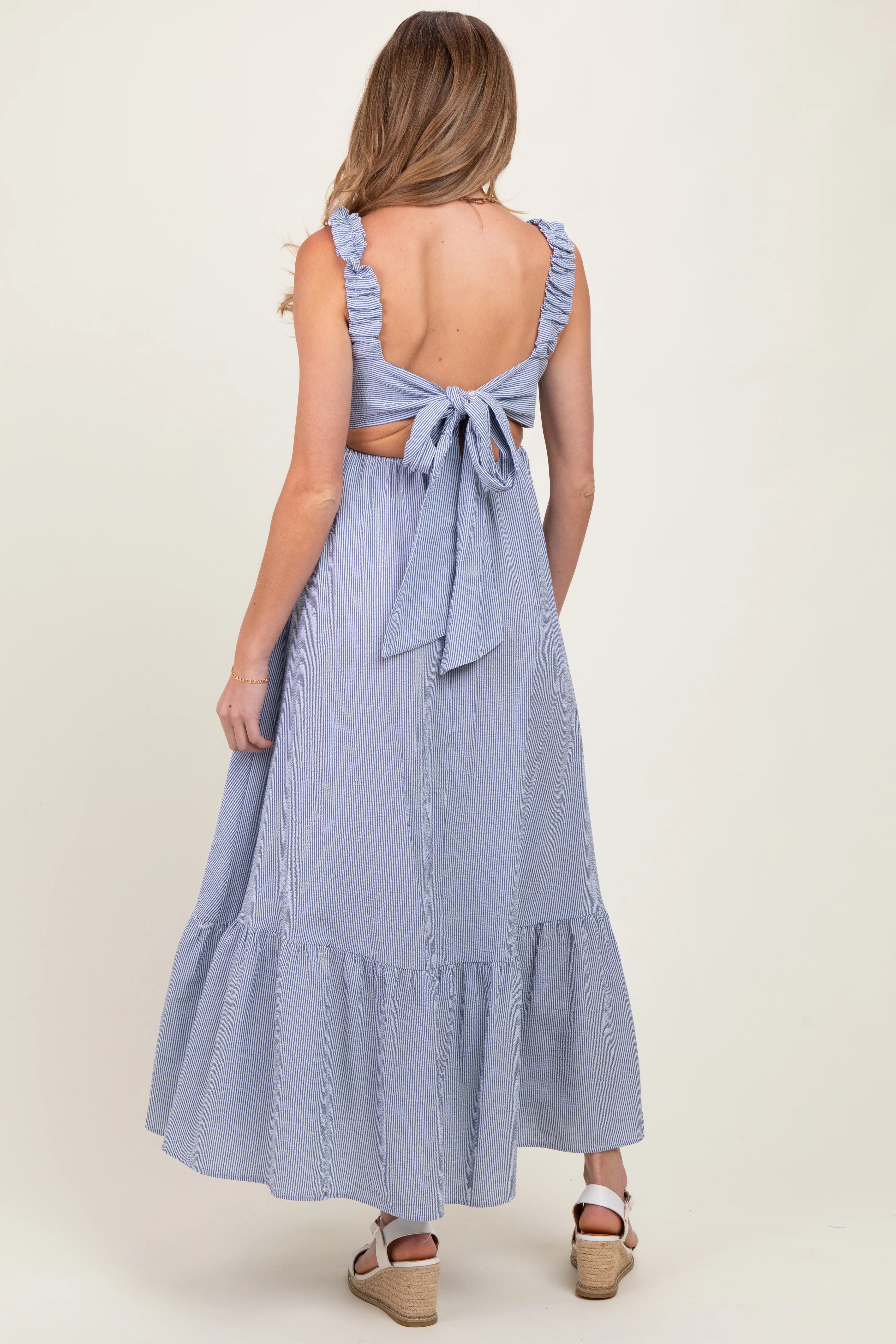 Navy Scrunch Strap Back Tie Ruffle Maternity Maxi Dress - Image 3
