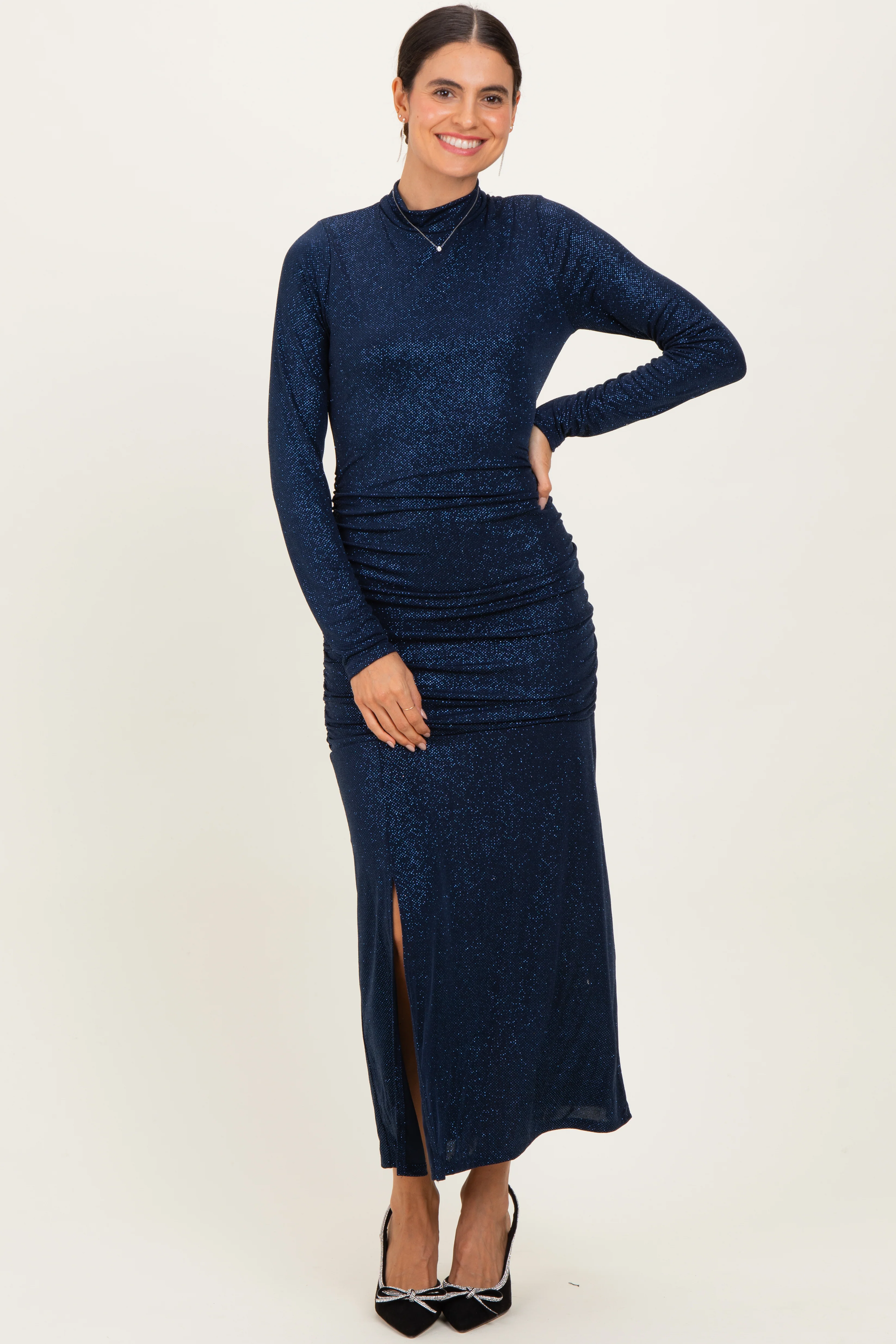 Navy Sequin Long Sleeve Mock Neck Maternity Maxi Dress - Image 5