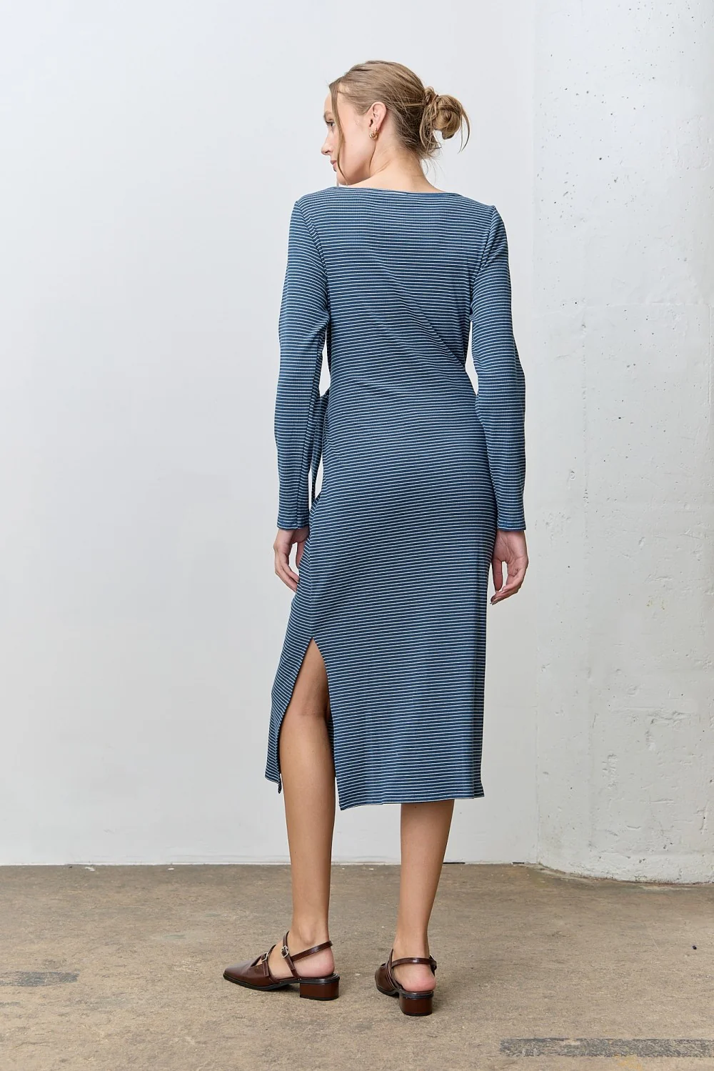 Navy Side Tie Long Sleeve Midi Dress - Image 3