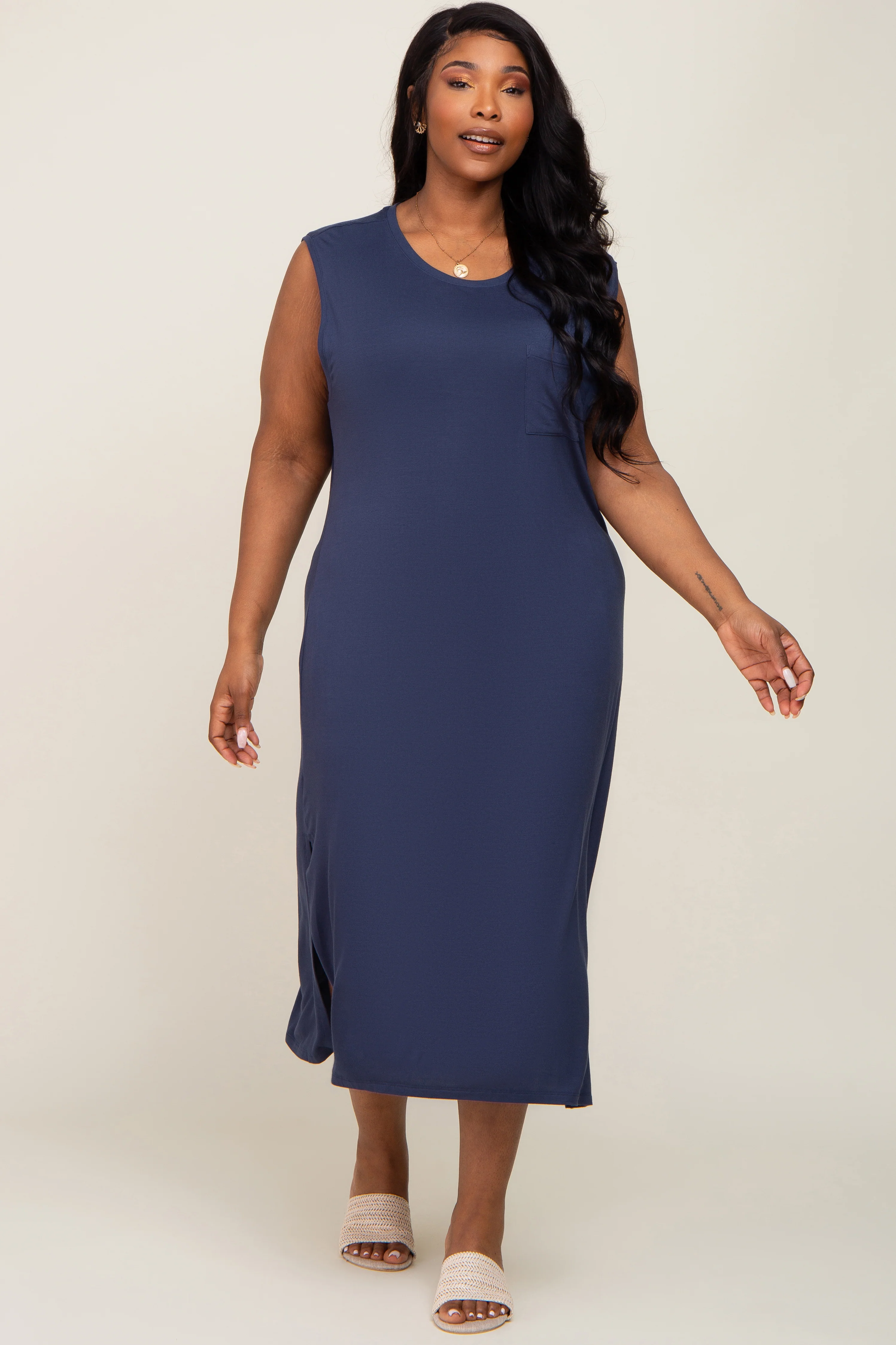 Navy Sleeveless Front Pocket Maternity Plus Midi Dress - Image 5