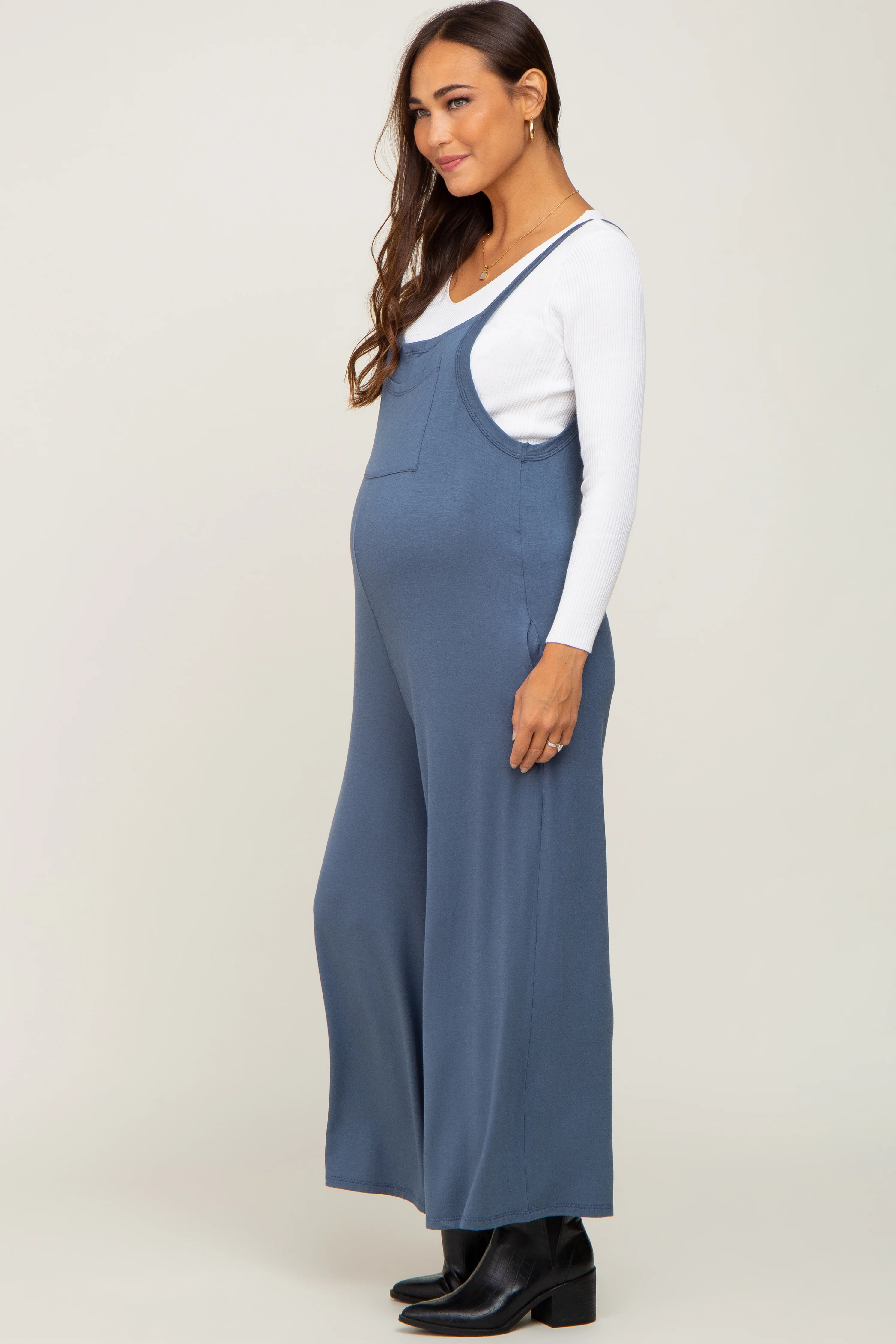 Navy Sleeveless Pocketed Wide Leg Maternity Jumpsuit - Image 3