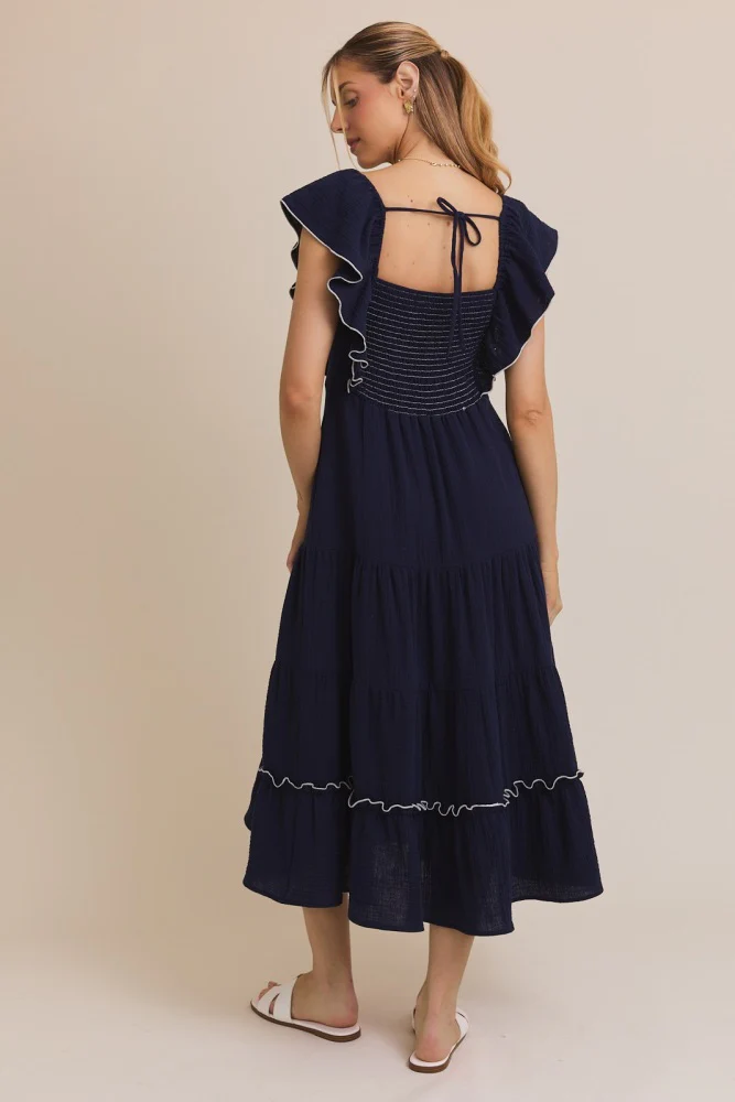 Navy Smocked Ruffle Sleeve Midi Dress - Image 3