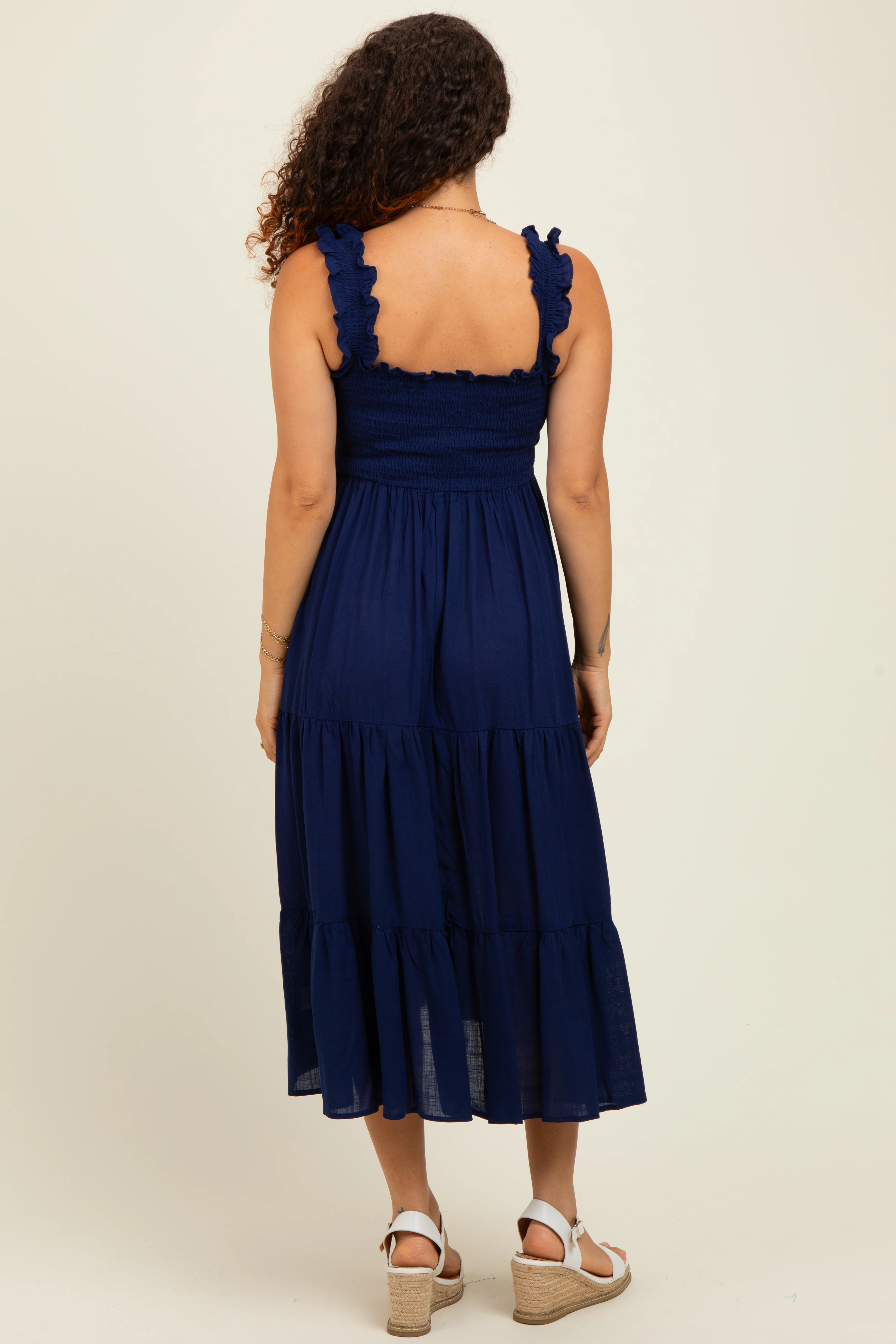 Navy Smocked Ruffle Strap Tiered Maternity Midi Dress - Image 4