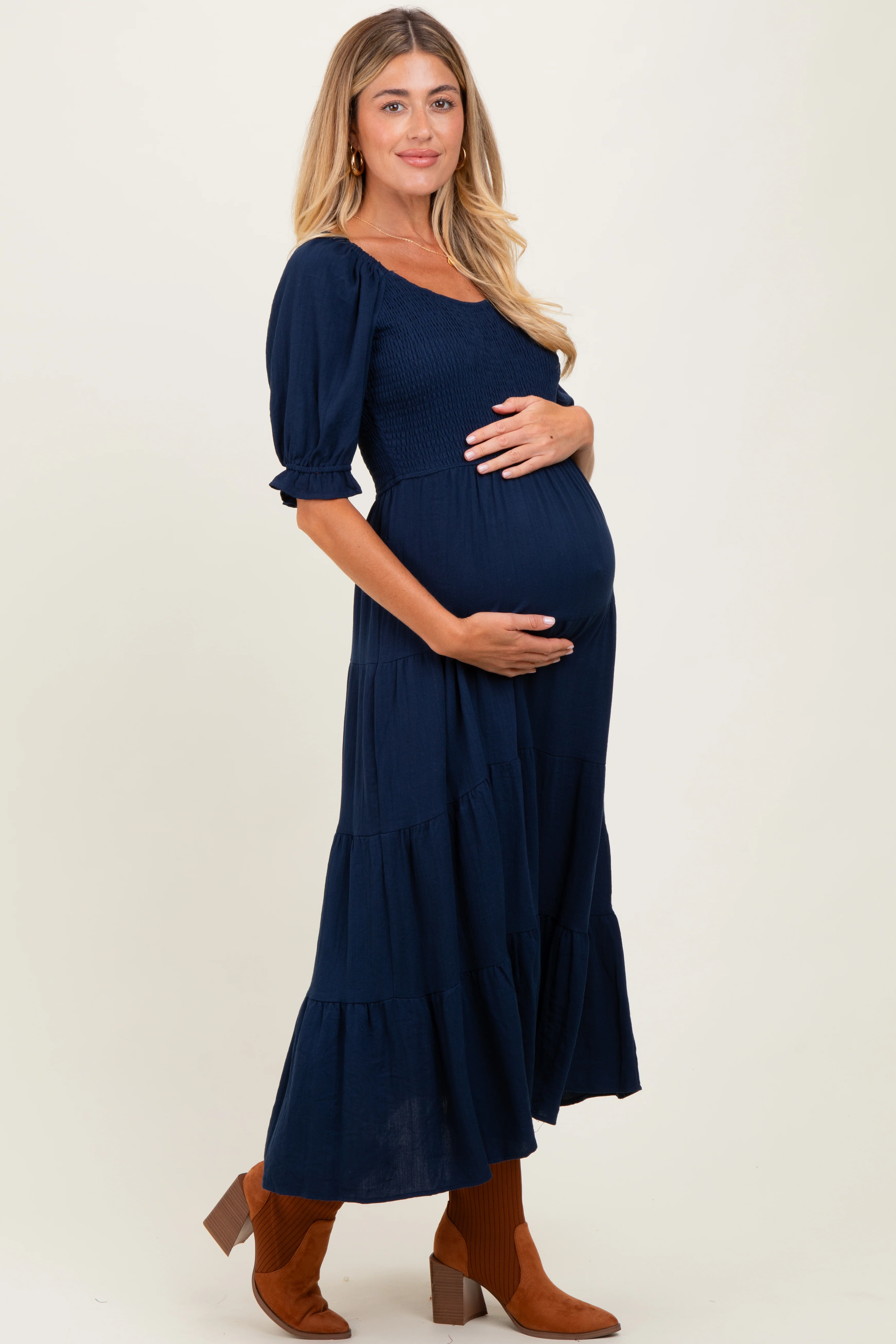 Navy Smocked Tiered Maternity Maxi Dress - Image 3