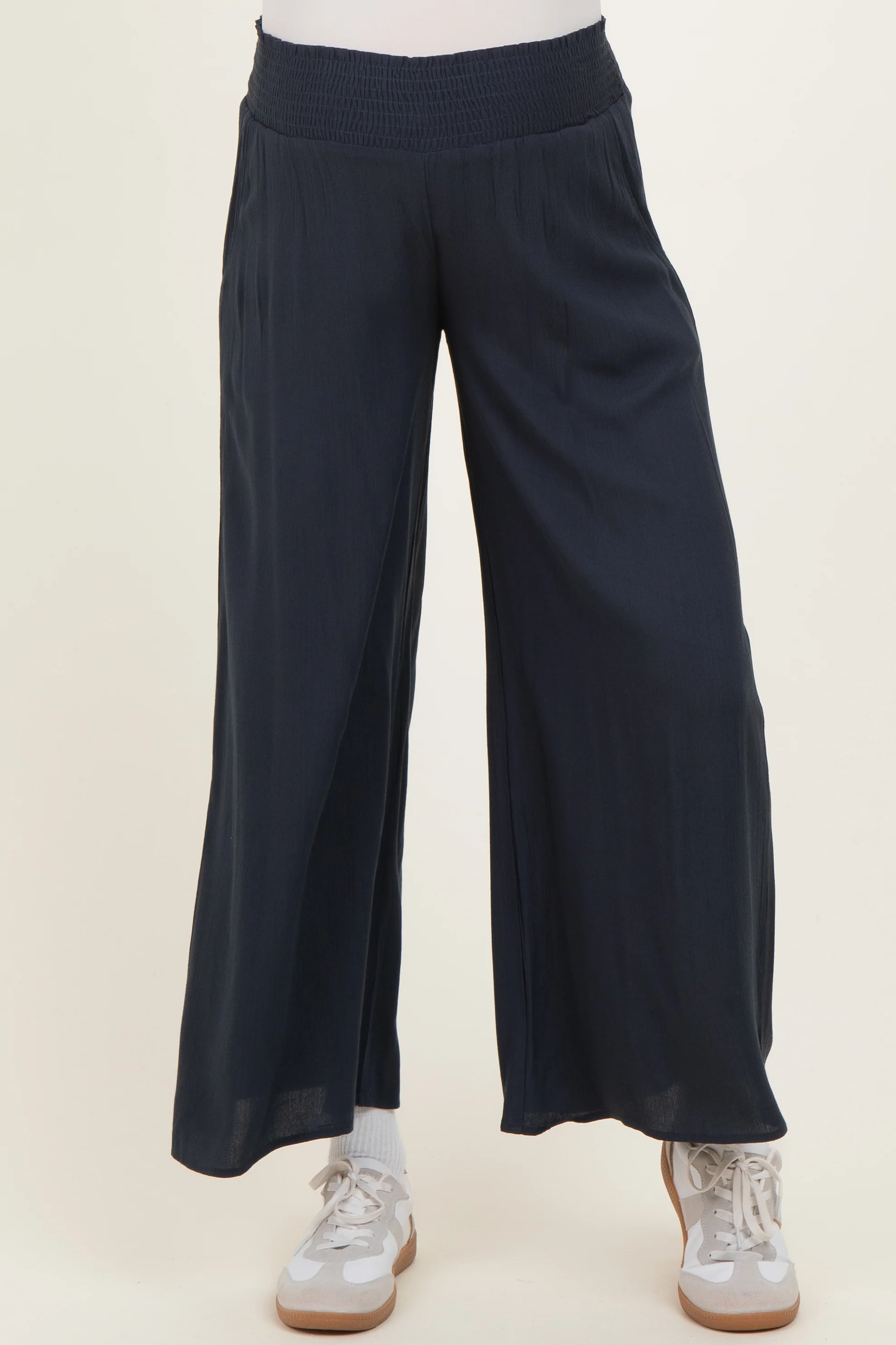 Navy Smocked Waist Ankle Wide Leg Maternity Pants - Image 3