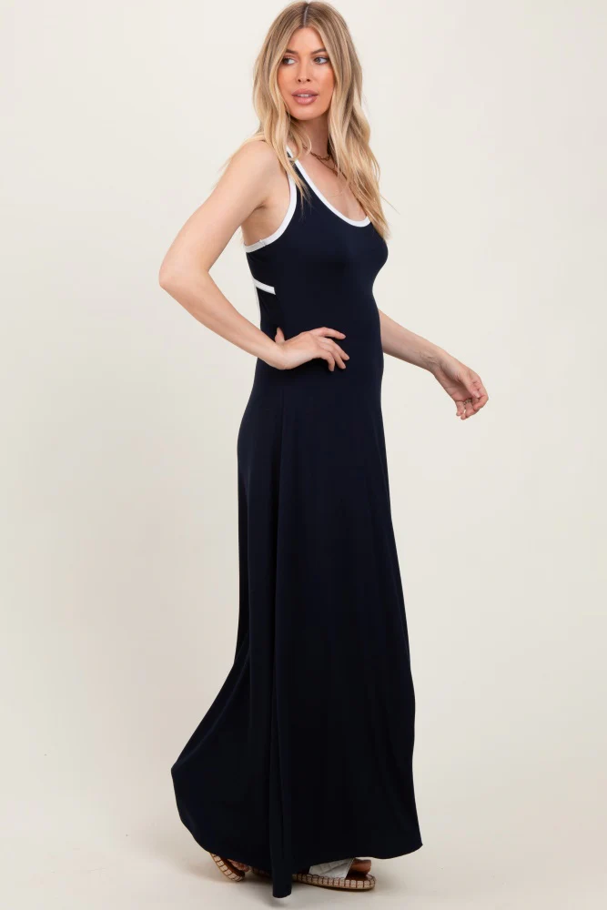 Navy Solid Open Back Sleeveless Maxi Dress - Image 3