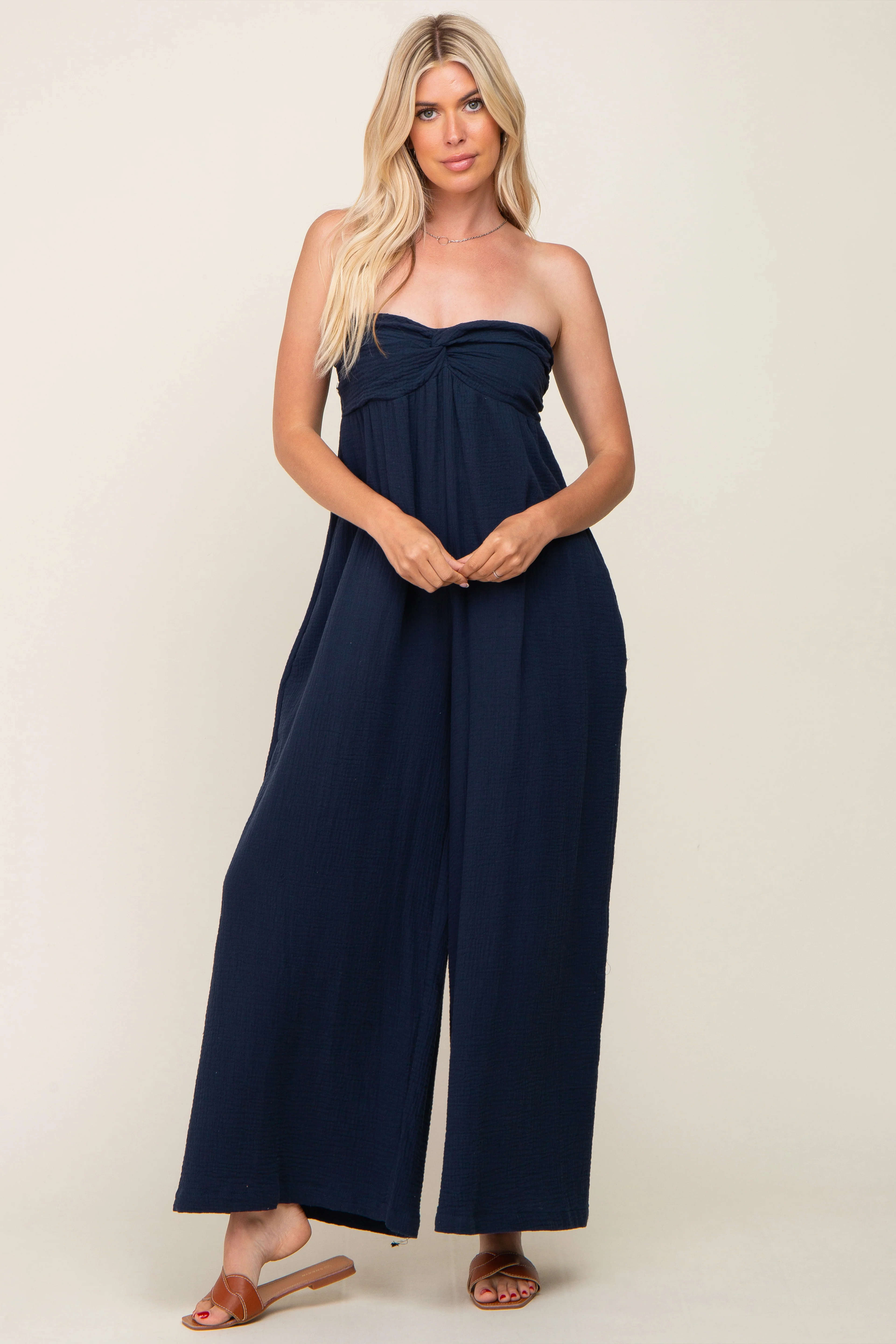 Navy Strapless Front Twist Maternity Jumpsuit - Image 6