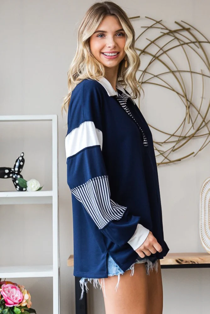 Navy Stripe Colorblock Collared Top - Image 2