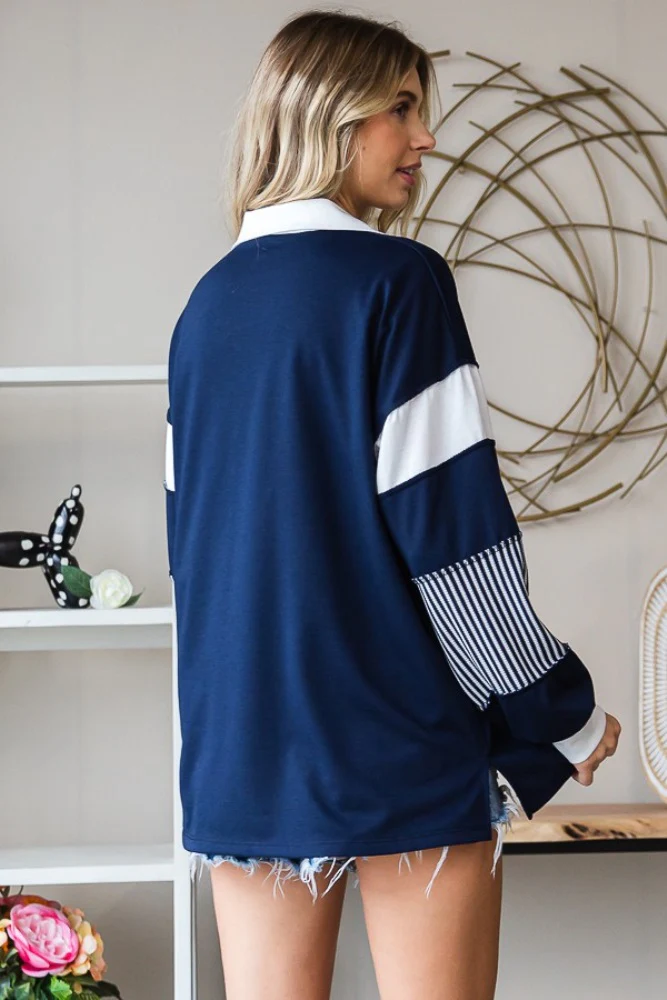 Navy Stripe Colorblock Collared Top - Image 3