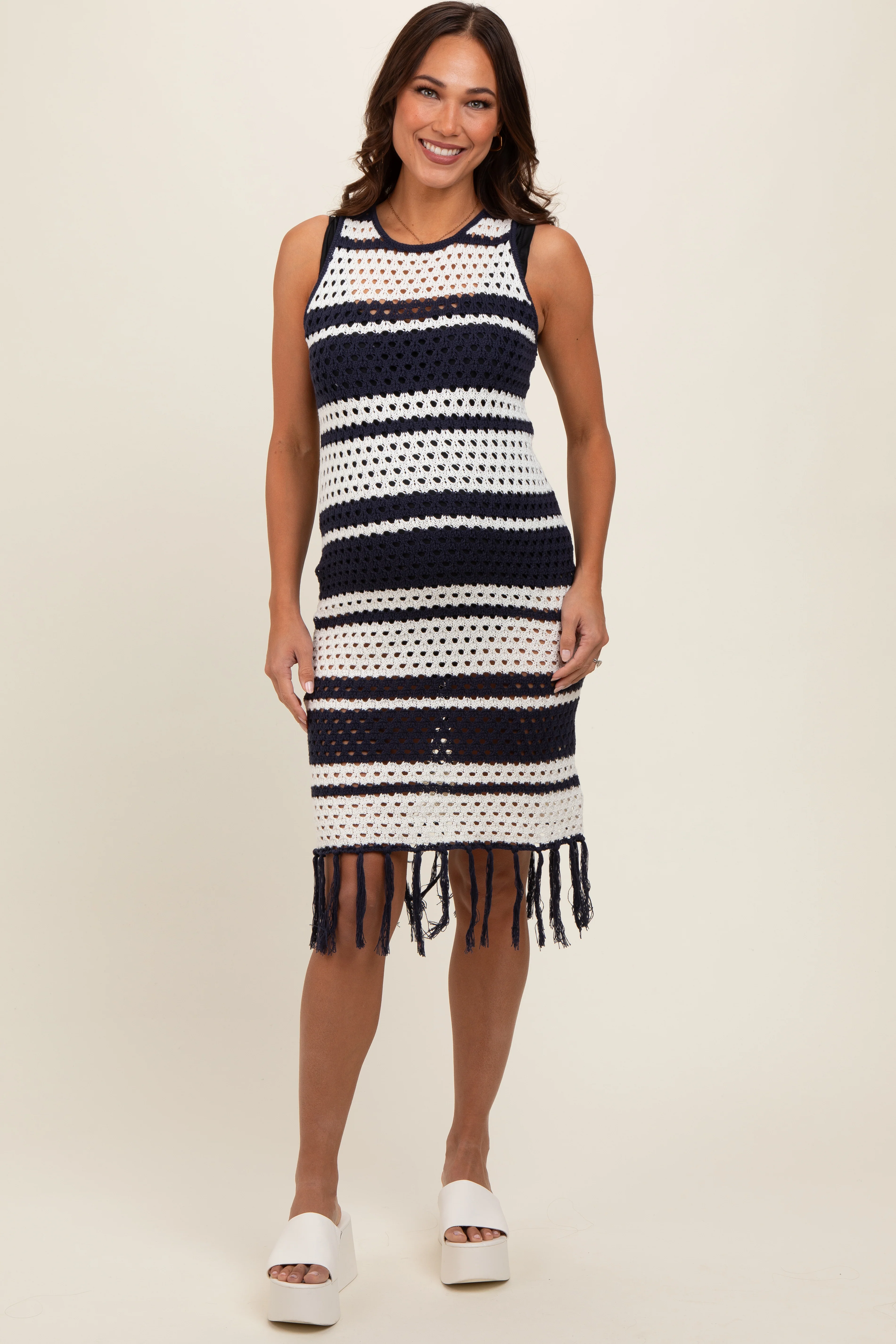 Navy Striped Crochet Fringe Coverup Maternity Dress - Image 2