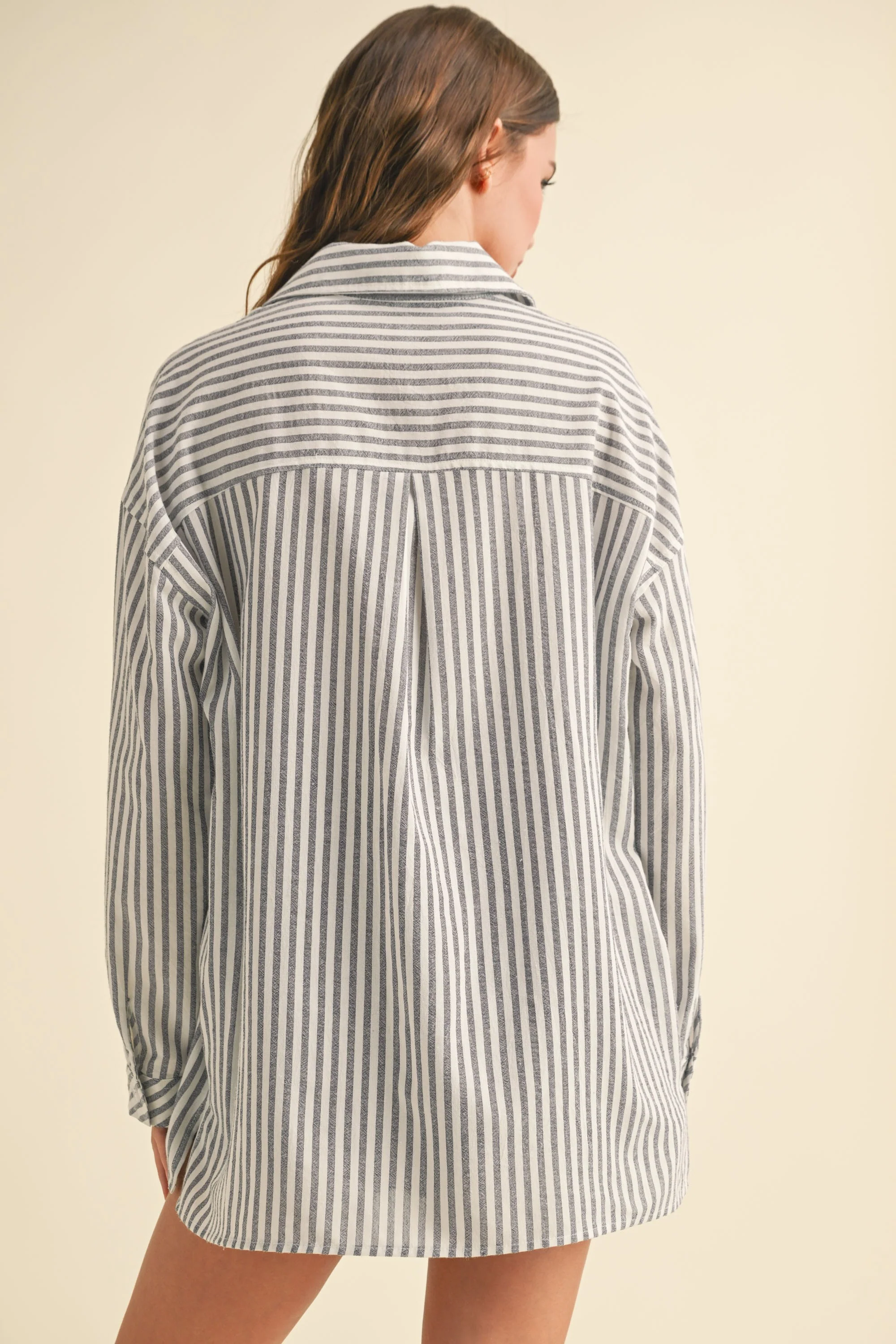 Navy Striped Double Pocket Button Down Top - Image 3
