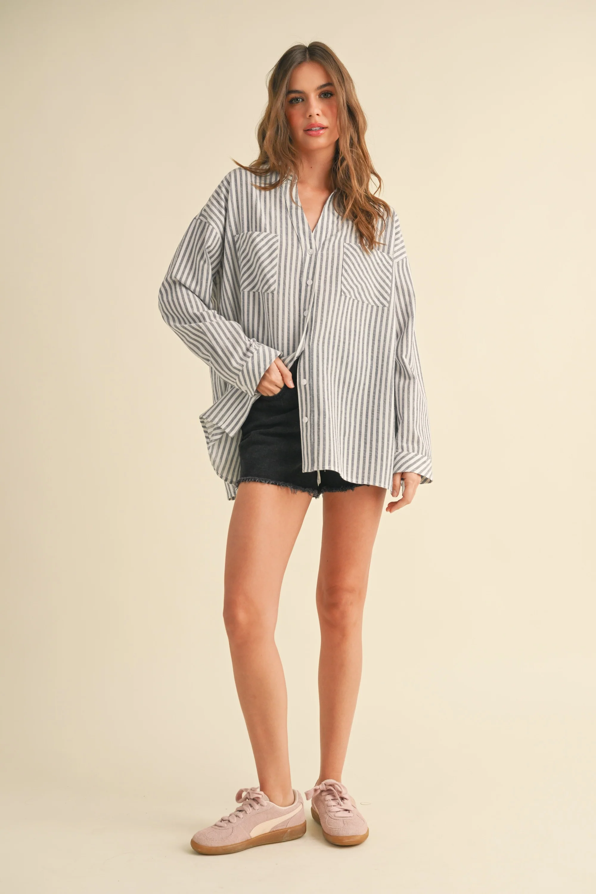 Navy Striped Double Pocket Button Down Top - Image 4