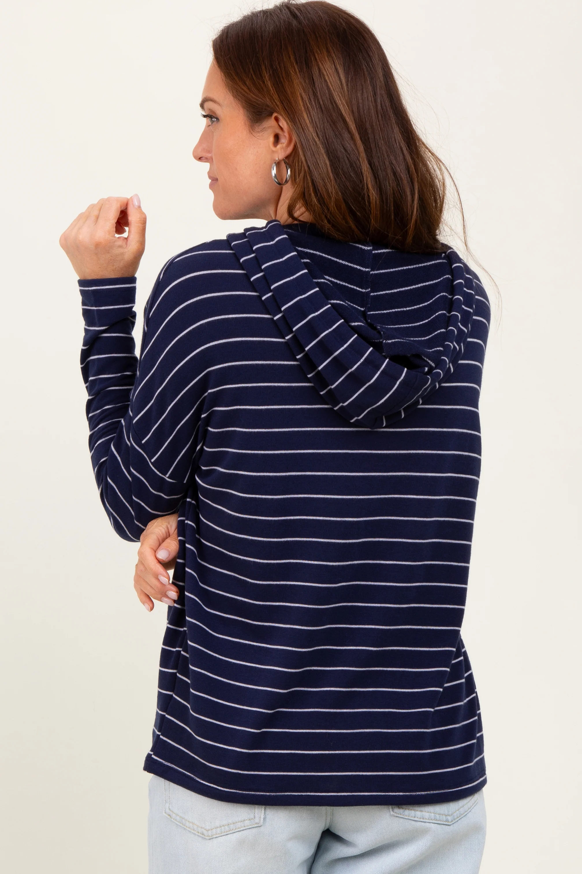 Navy Striped Drawstring Hoodie Top - Image 4