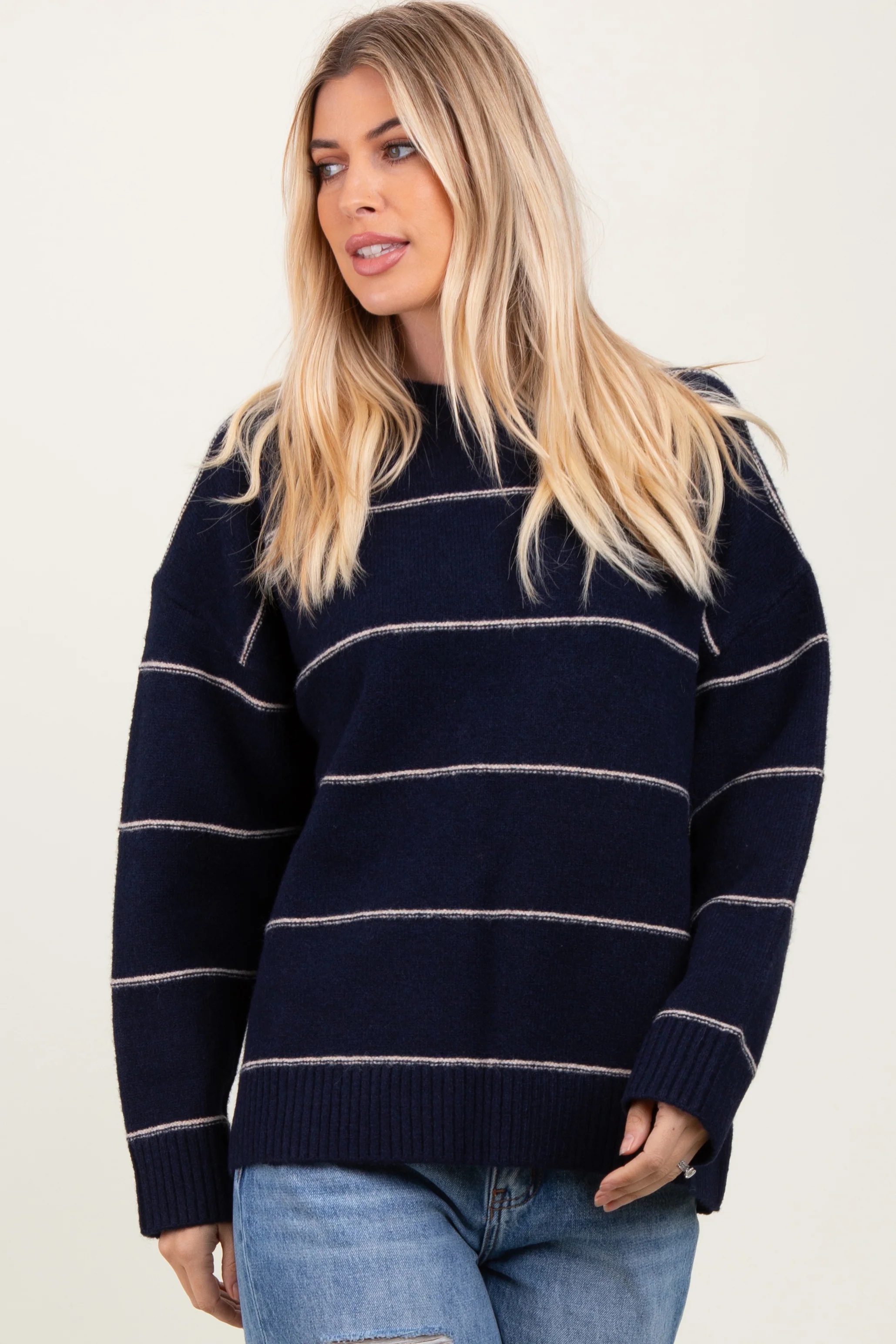 Navy Striped Drop Shoulder Maternity Sweater - Image 5