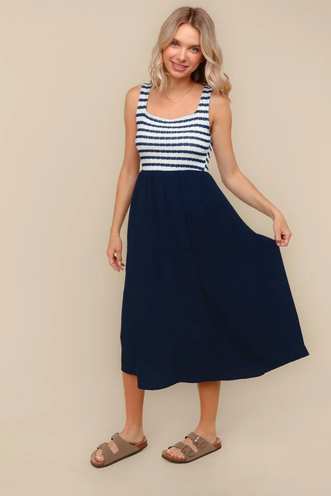 Navy Striped Fit And Flare Sleeveless Midi Dress - Image 2