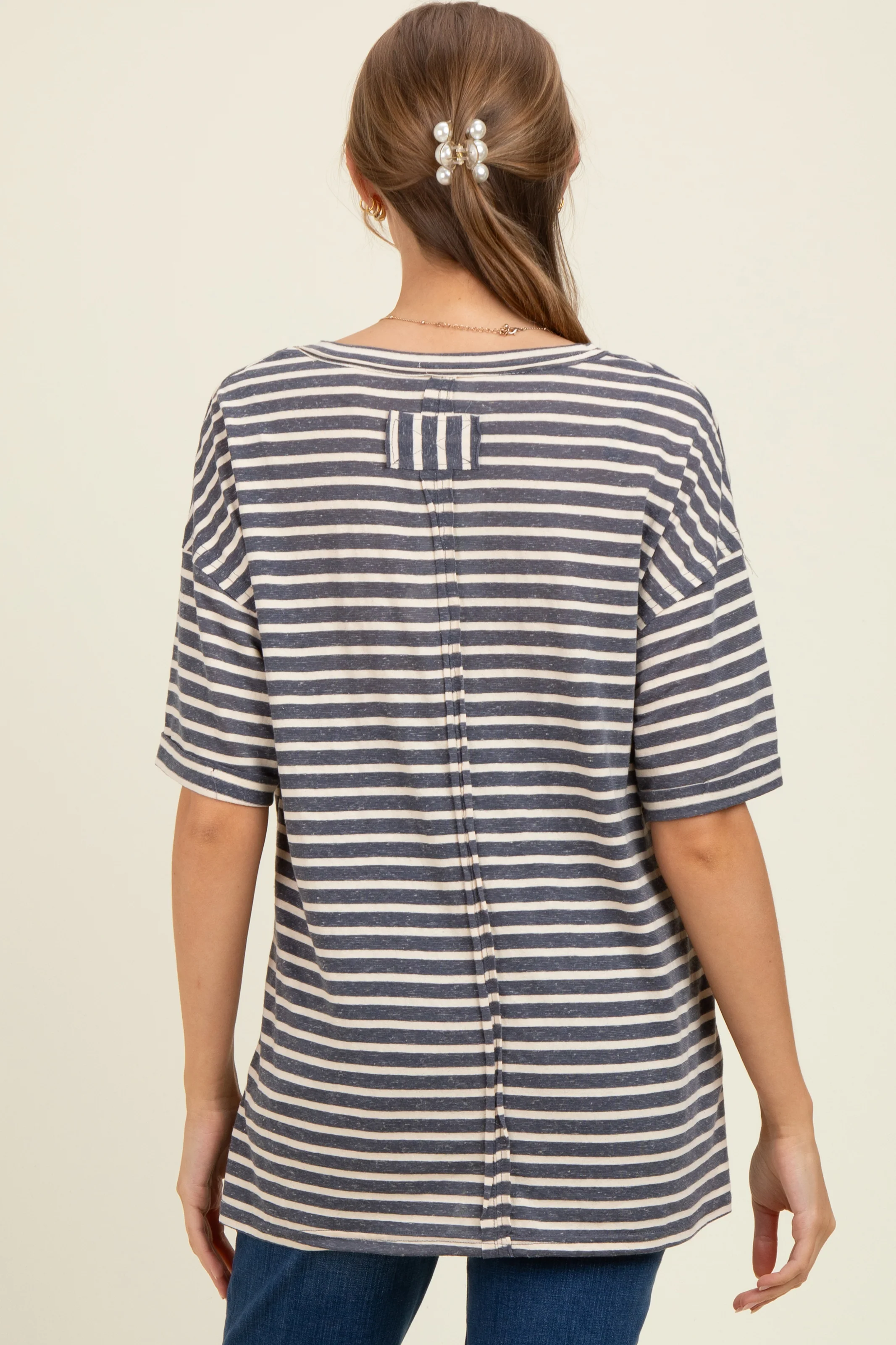 Navy Striped Oversized V-Neck Front Pocket Maternity T-Shirt - Image 4