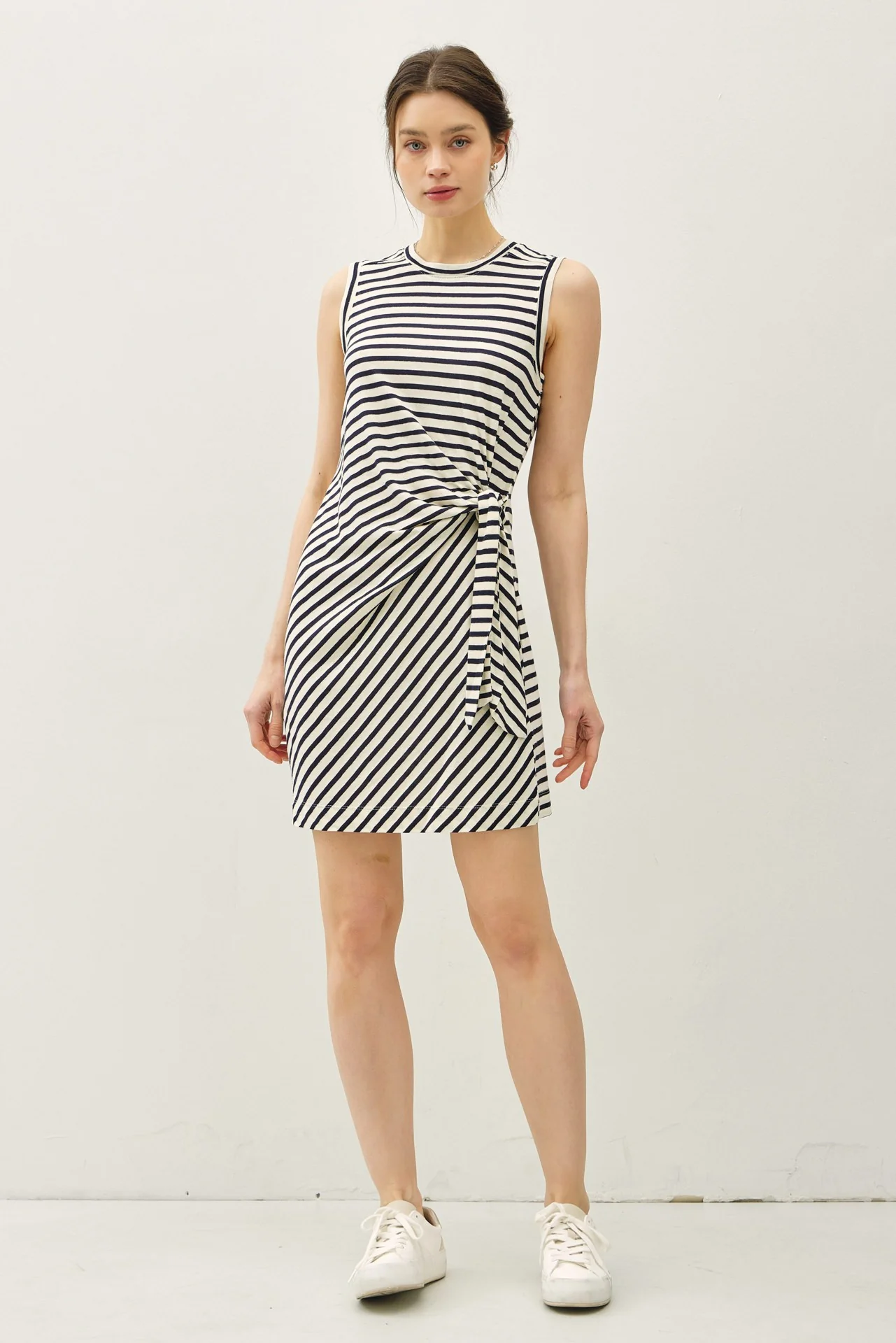 Navy Striped Sleeveless Side Tie Mini Dress - Image 2