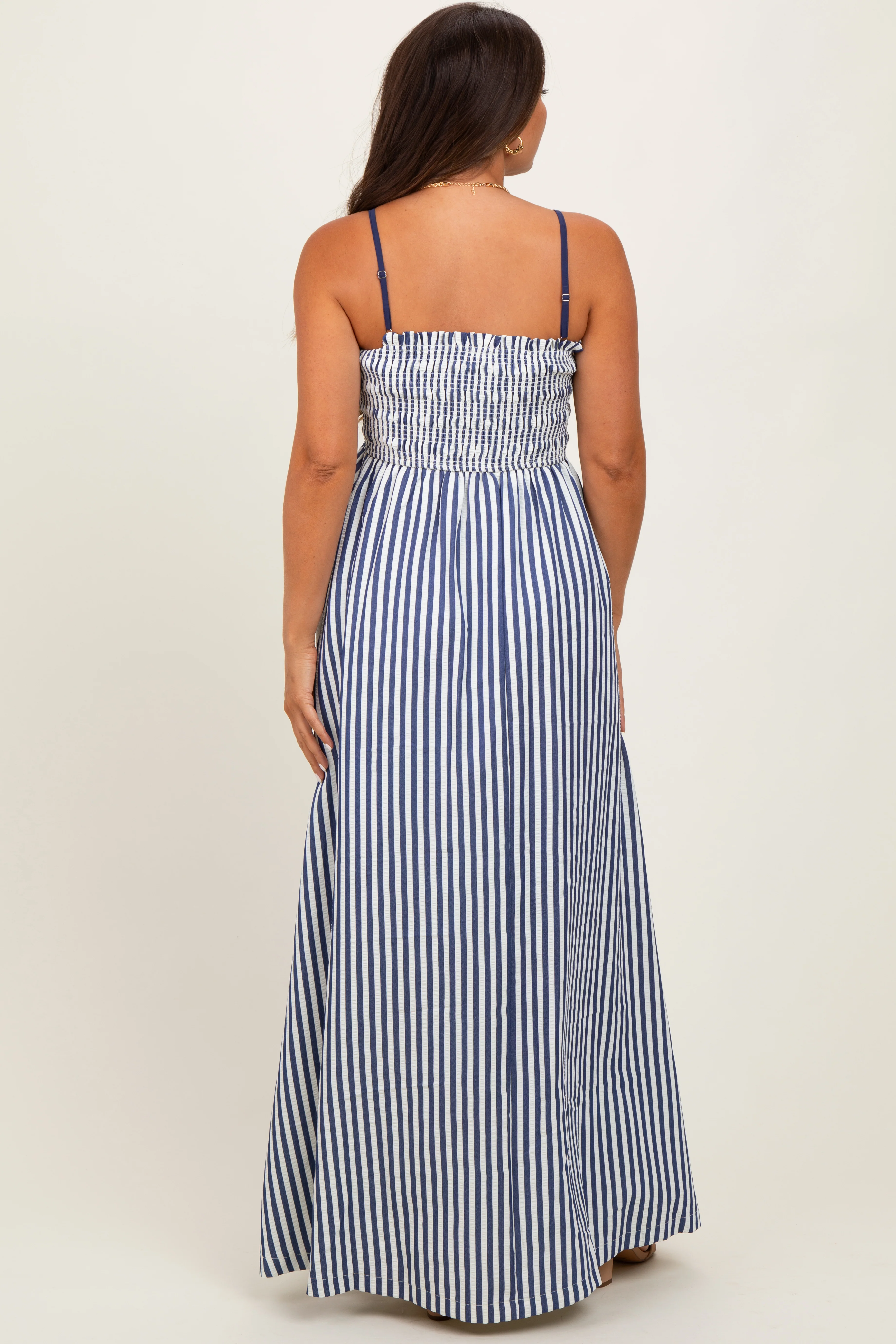 Navy Striped Sleeveless Smocked Poplin Maternity Maxi Dress - Image 4