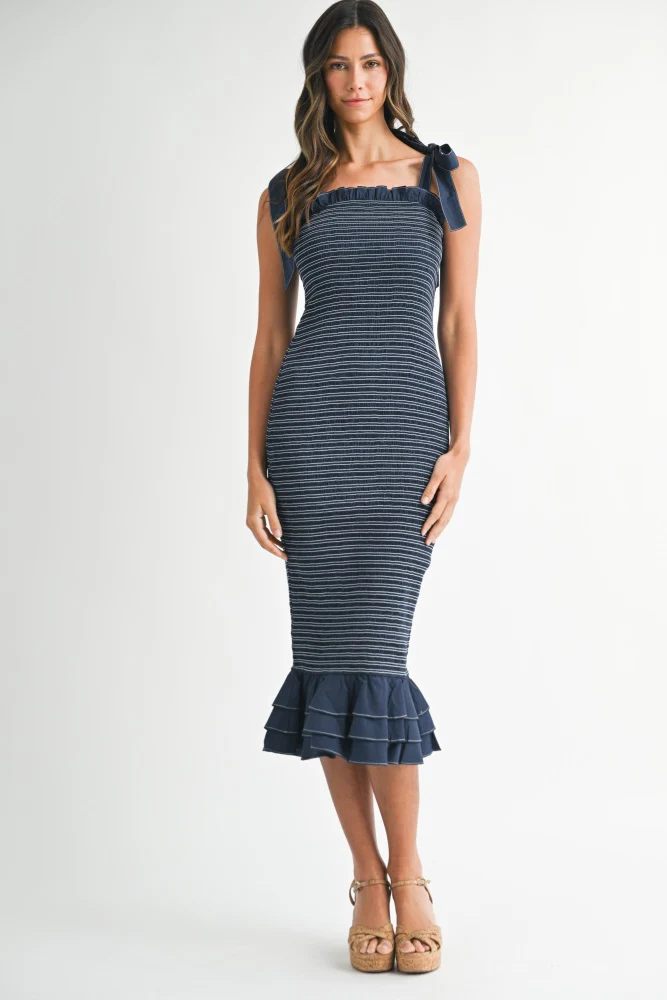 Navy Striped Smocked Shoulder Tie Mid Dress - Image 2