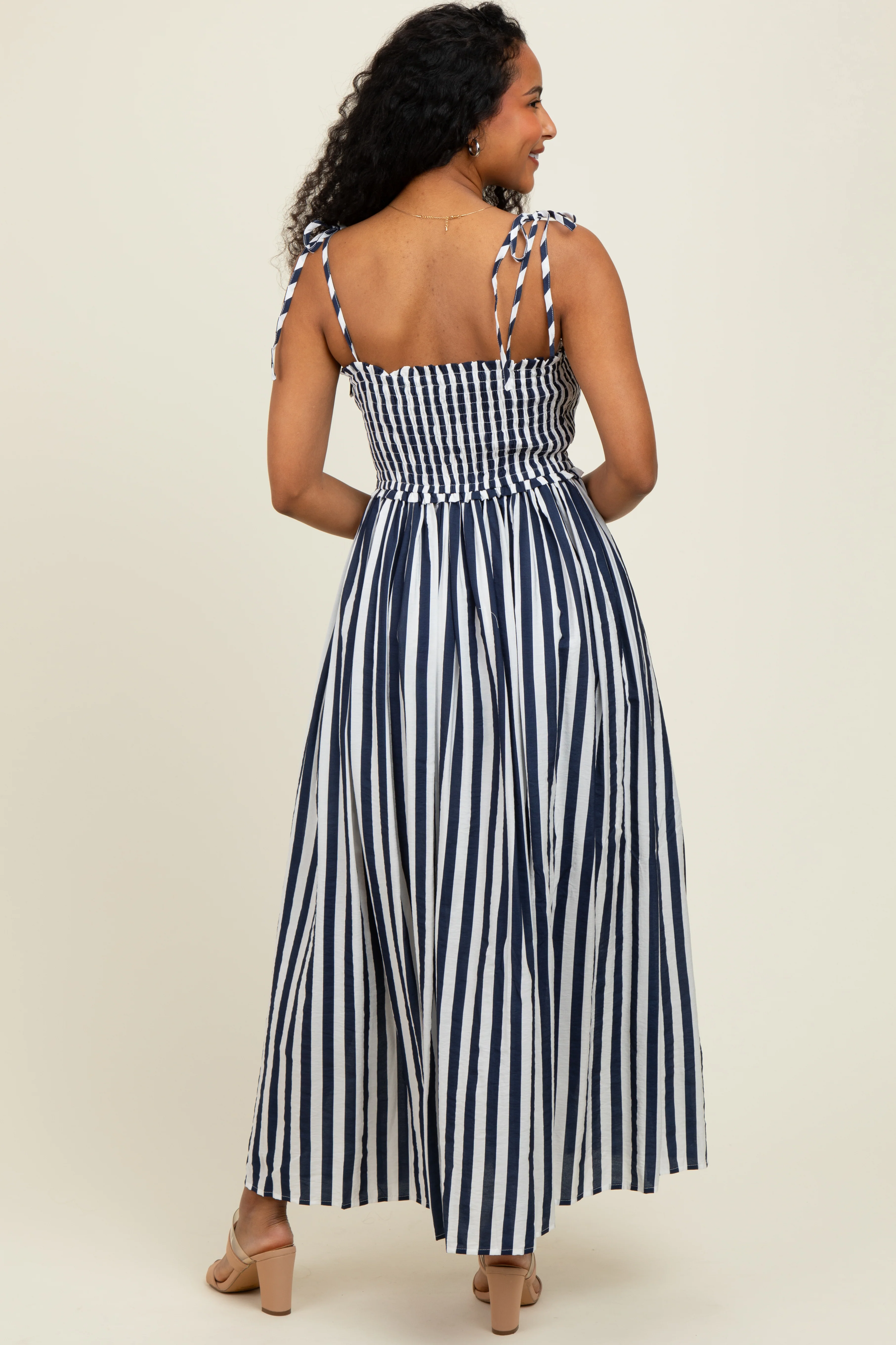 Navy Striped Smocked Shoulder Tie Midi Dress - Image 4