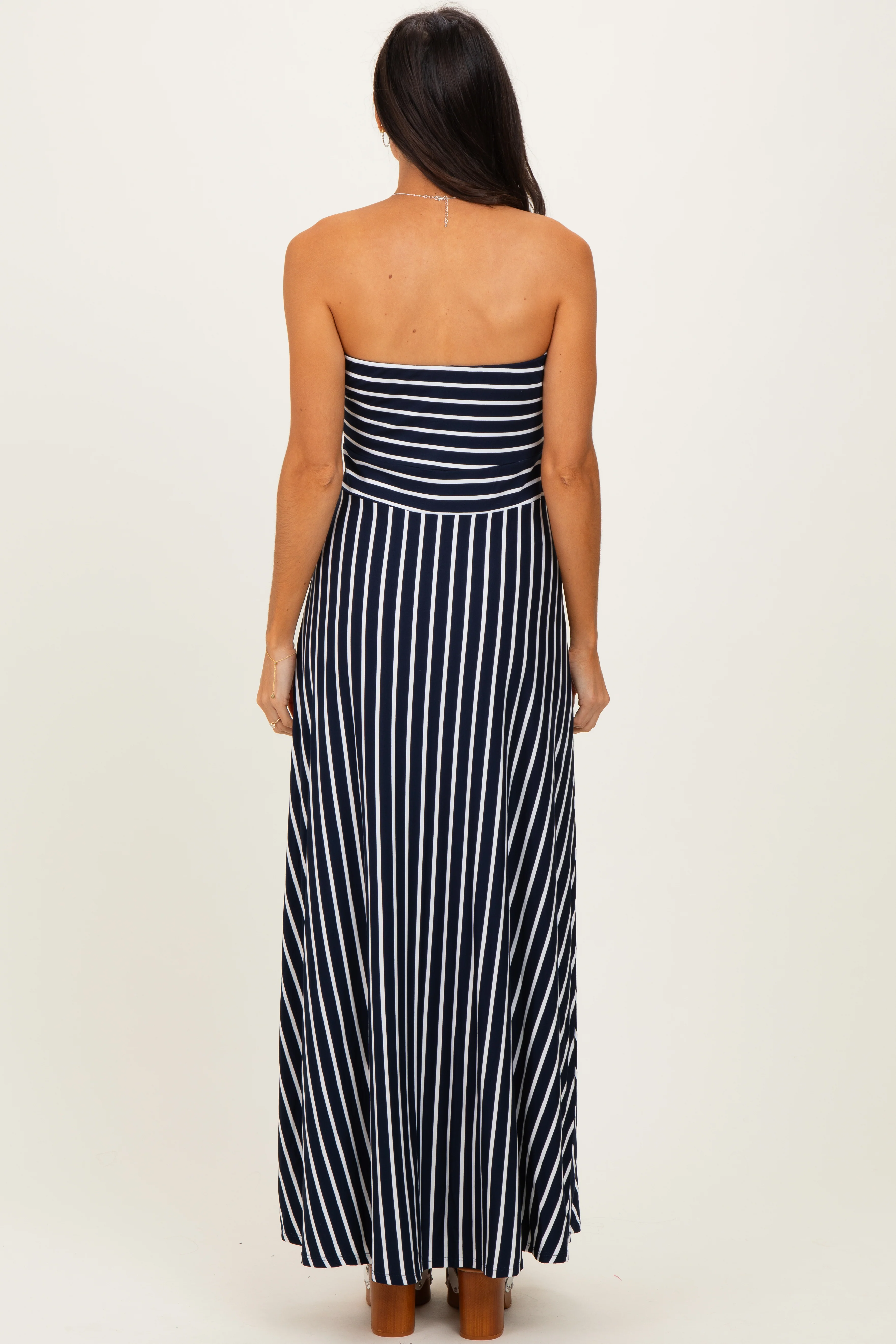Navy Striped Strapless Maxi Dress - Image 4