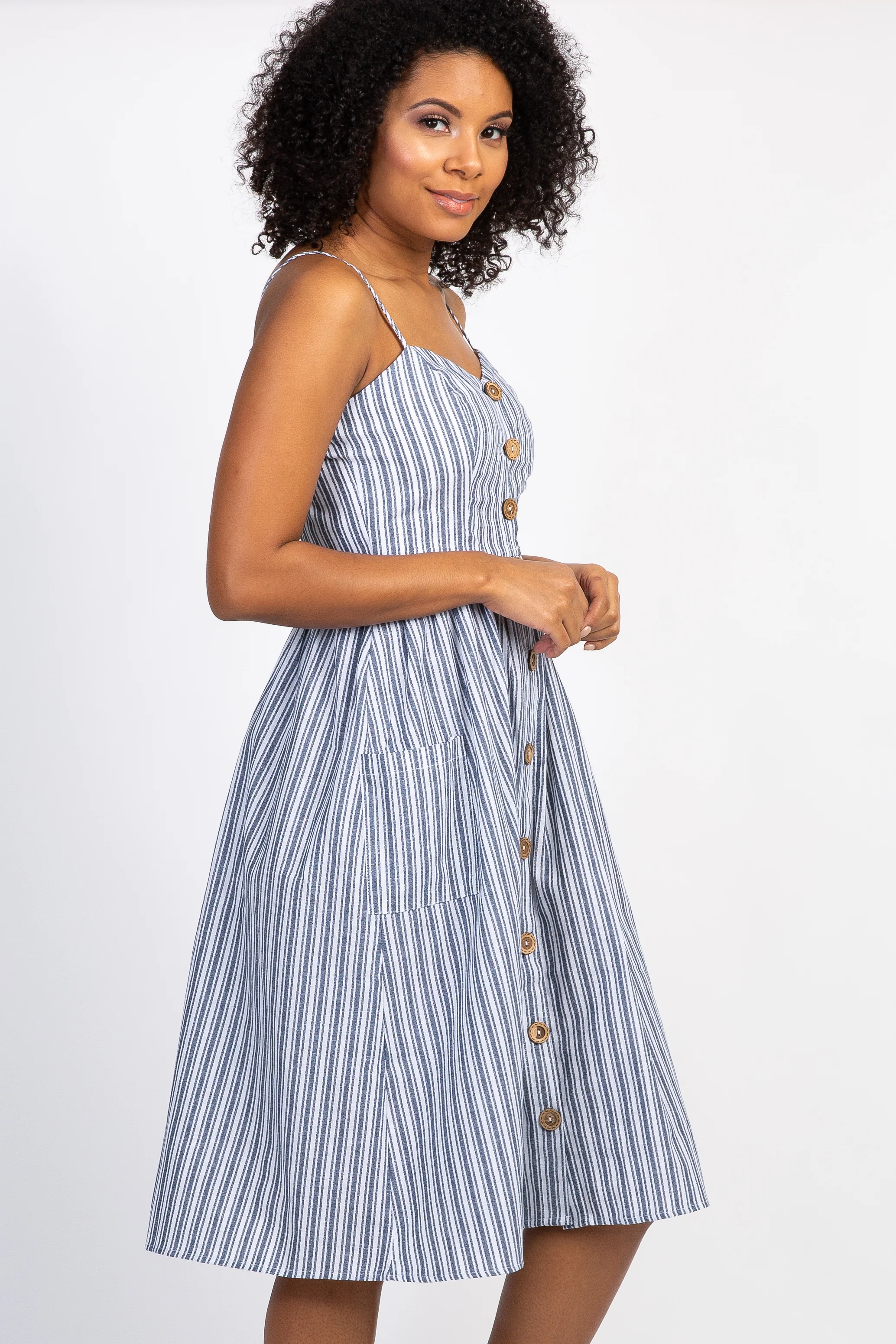 Navy Striped Sweetheart Button Front Dress - Image 3