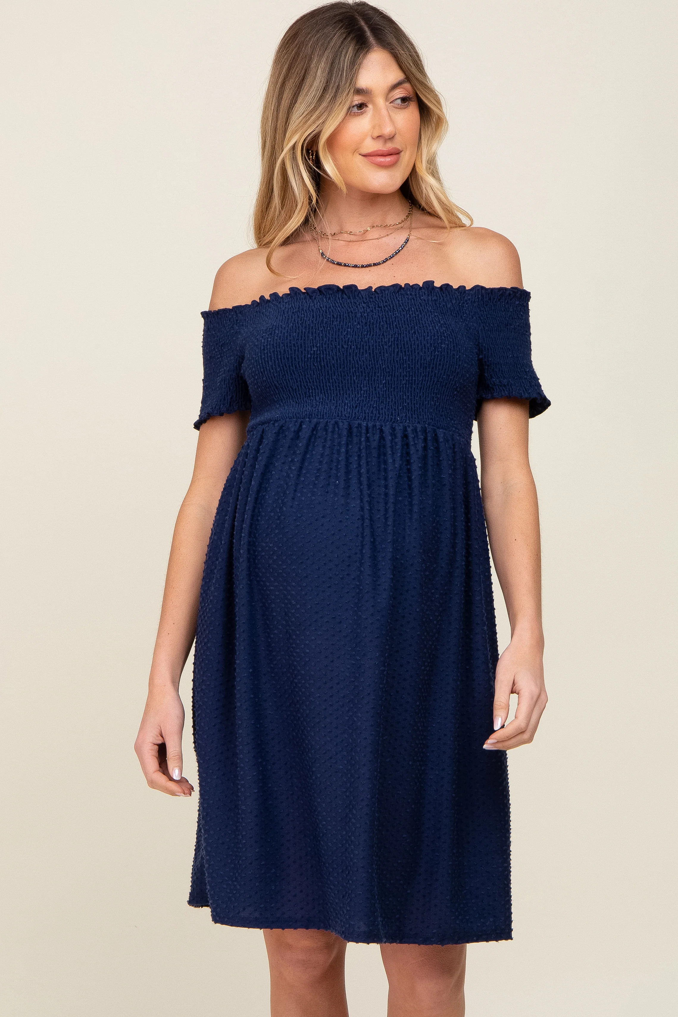 Navy Swiss Dot Off Shoulder Maternity Dress - Image 3