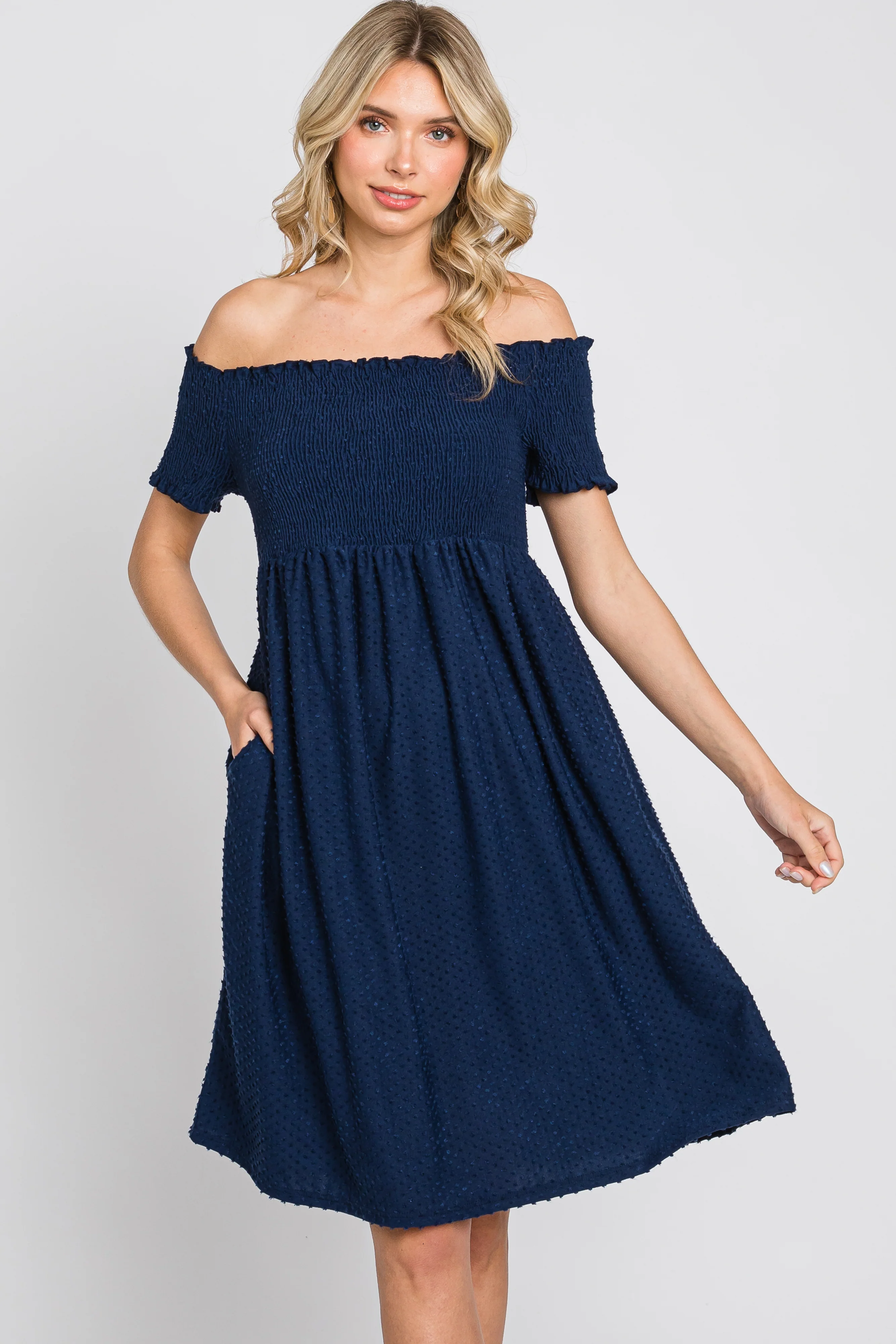 Navy Swiss Dot Off Shoulder Maternity Dress - Image 5