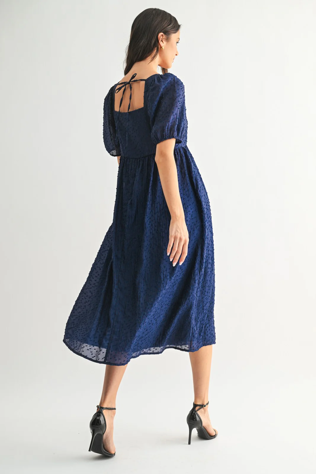 Navy Swiss Dot Puff Sleeve Midi Dress - Image 3