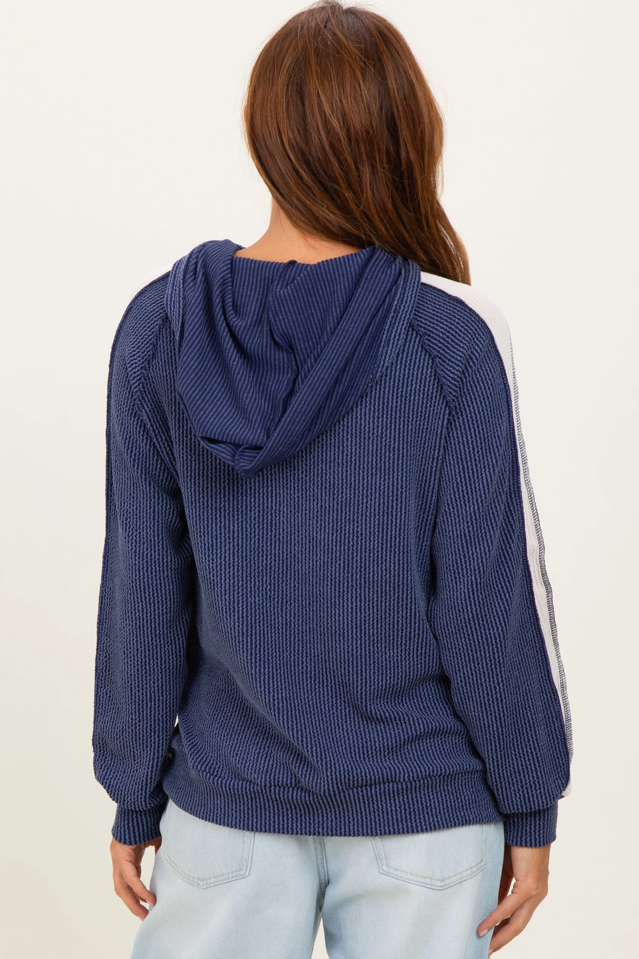 Navy Textured Rib Colorblock Hoodie - Image 4