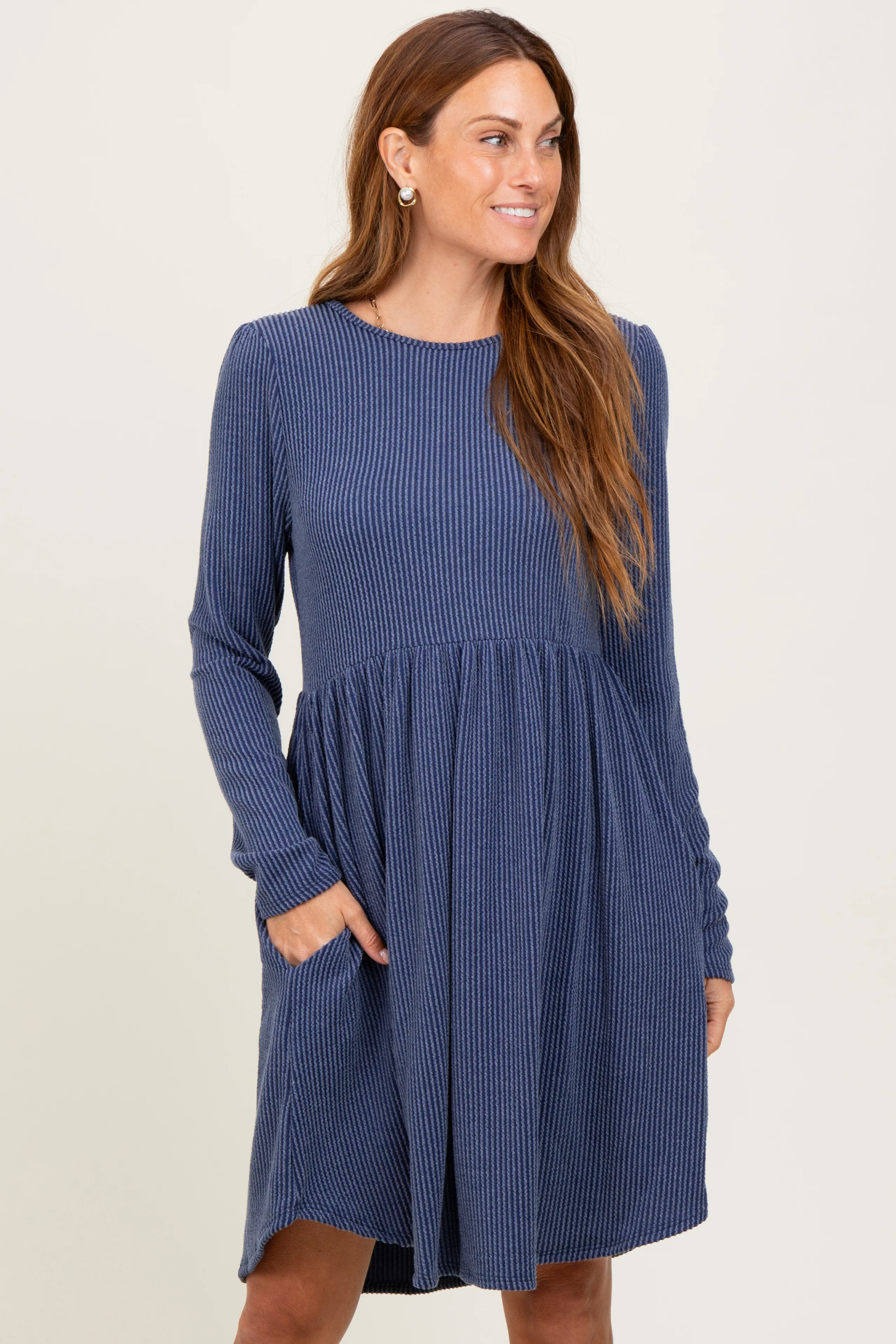 Navy Textured Rib Long Sleeve Maternity Dress - Image 4
