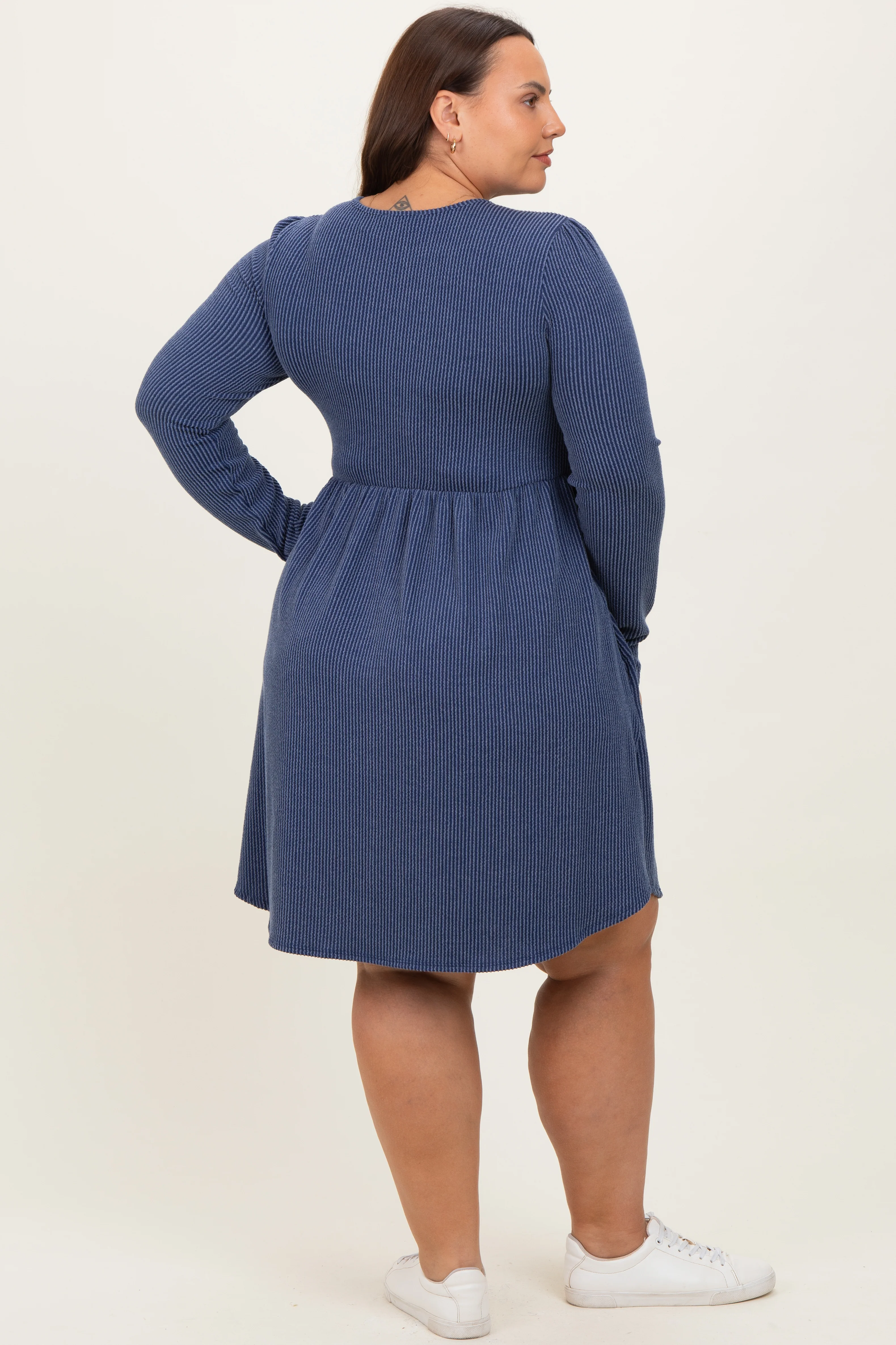 Navy Textured Rib Long Sleeve Plus Dress - Image 4