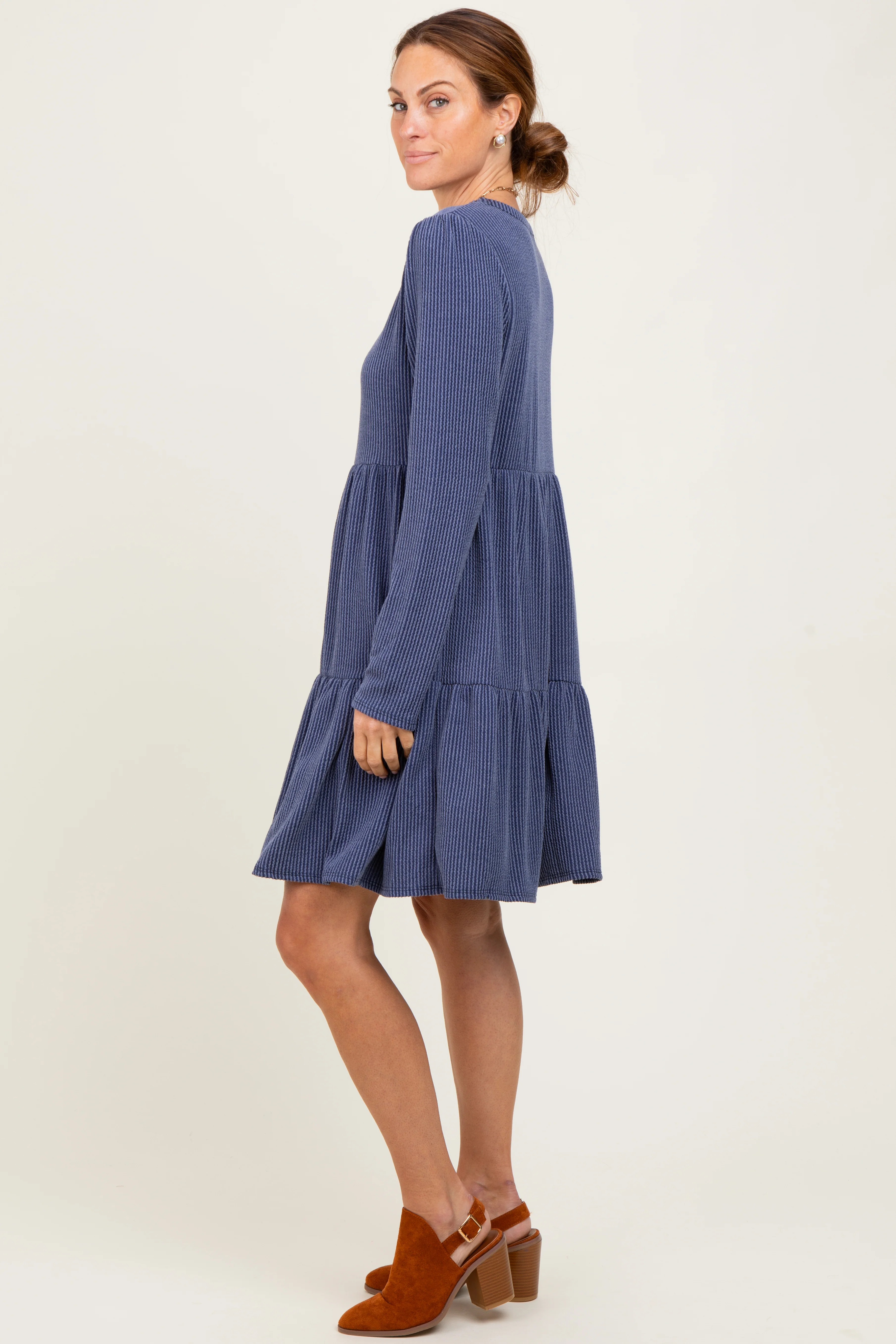 Navy Textured Rib Tiered Long Sleeve Dress - Image 3