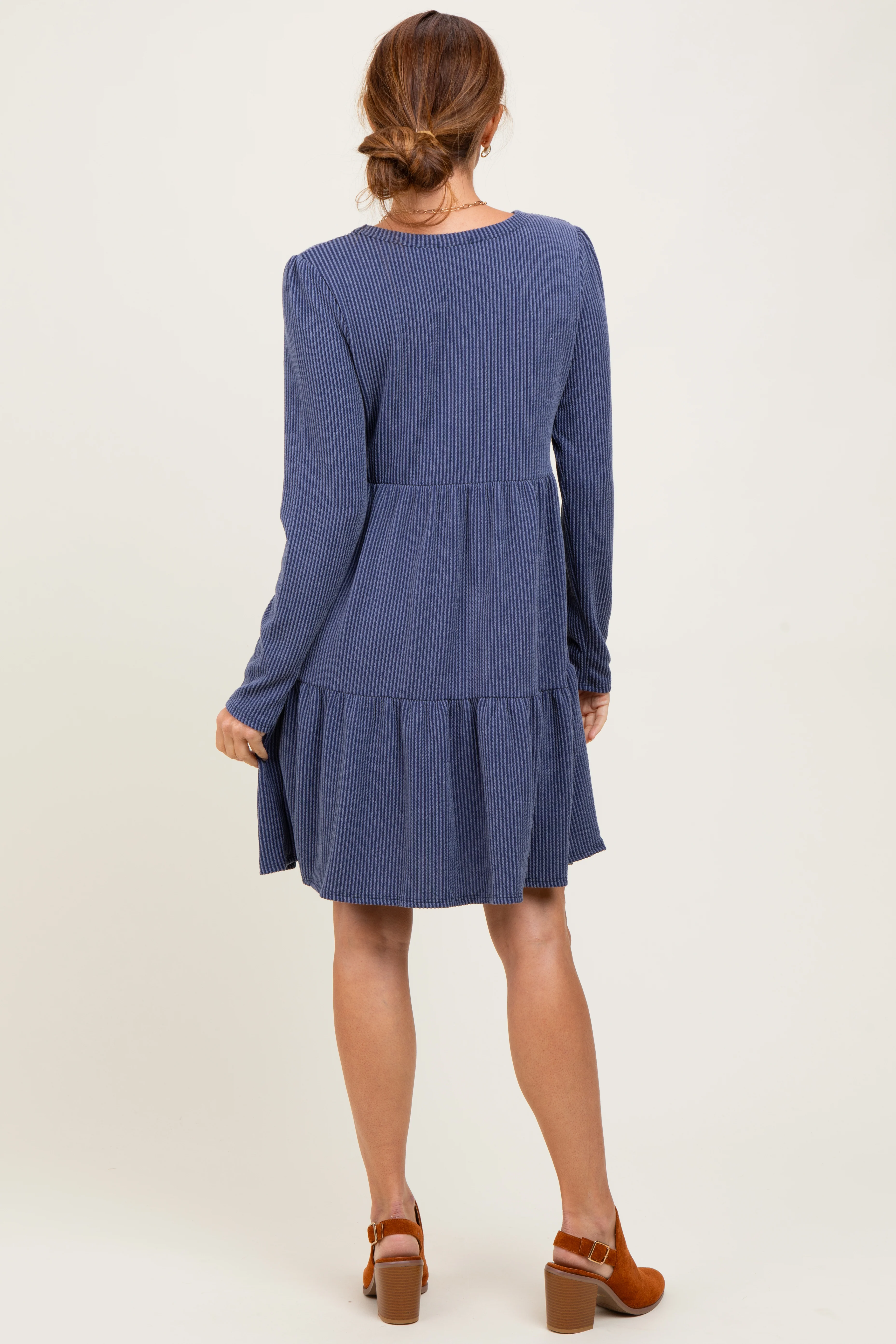 Navy Textured Rib Tiered Long Sleeve Dress - Image 4