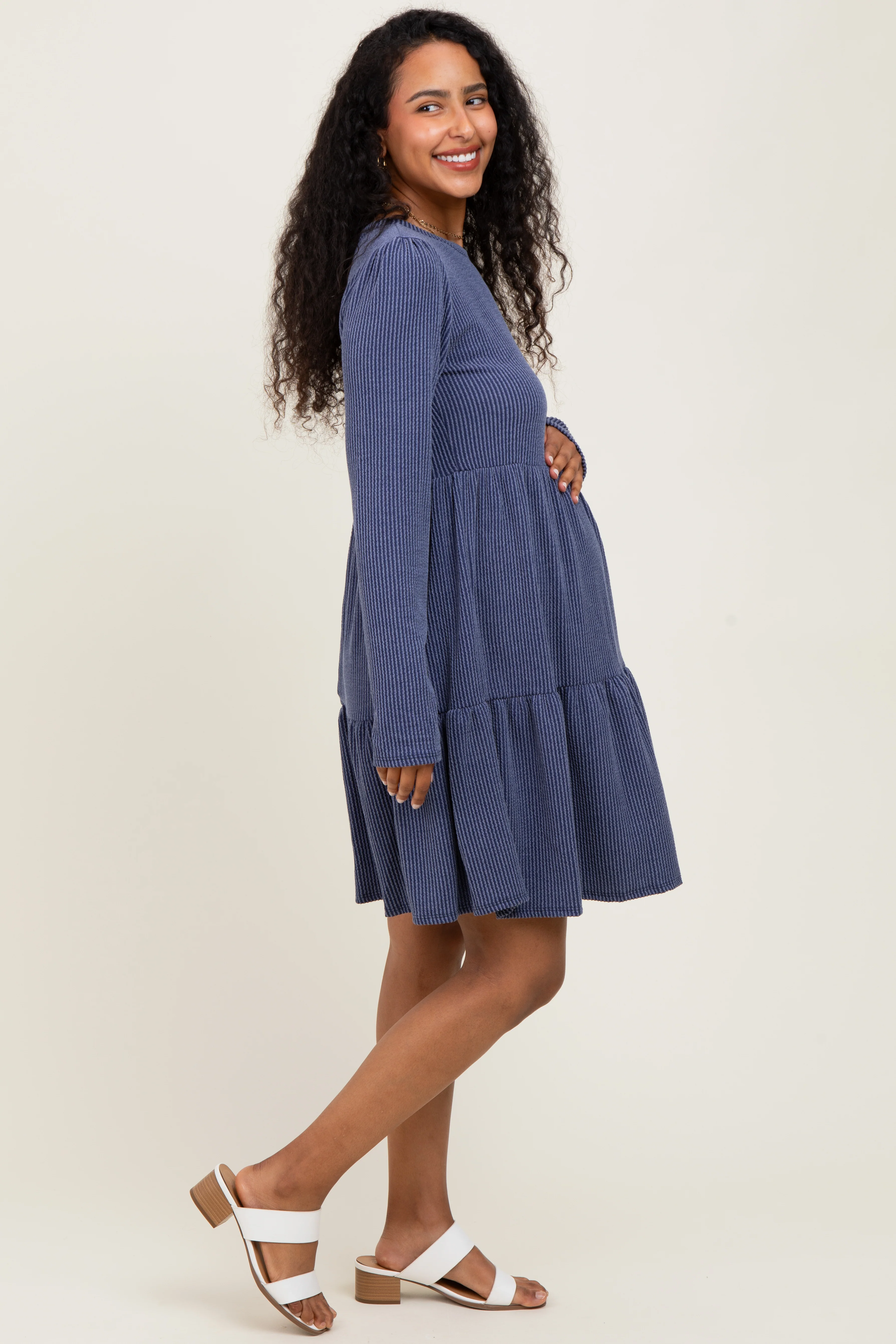 Navy Textured Rib Tiered Long Sleeve Maternity Dress - Image 3
