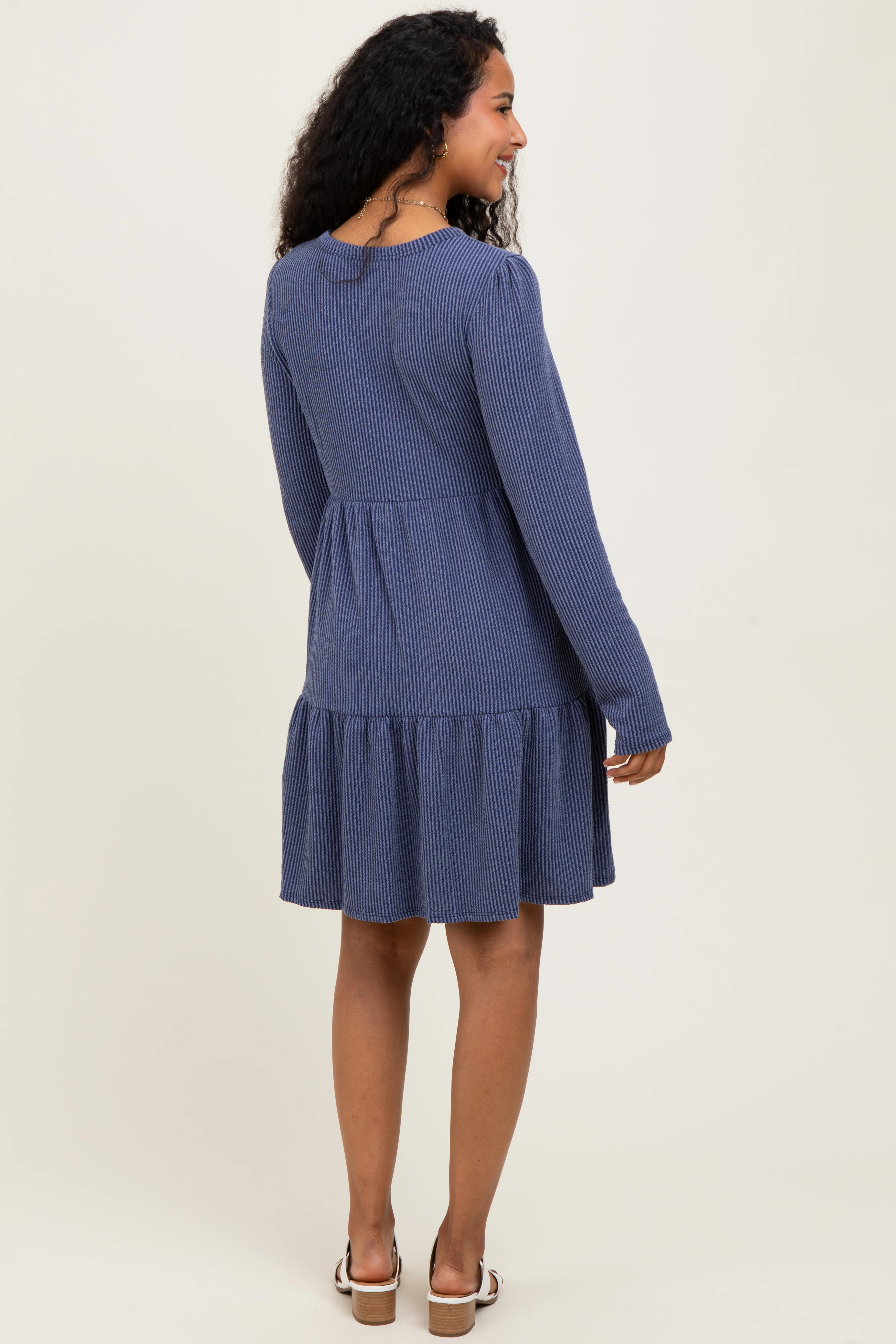 Navy Textured Rib Tiered Long Sleeve Maternity Dress - Image 4