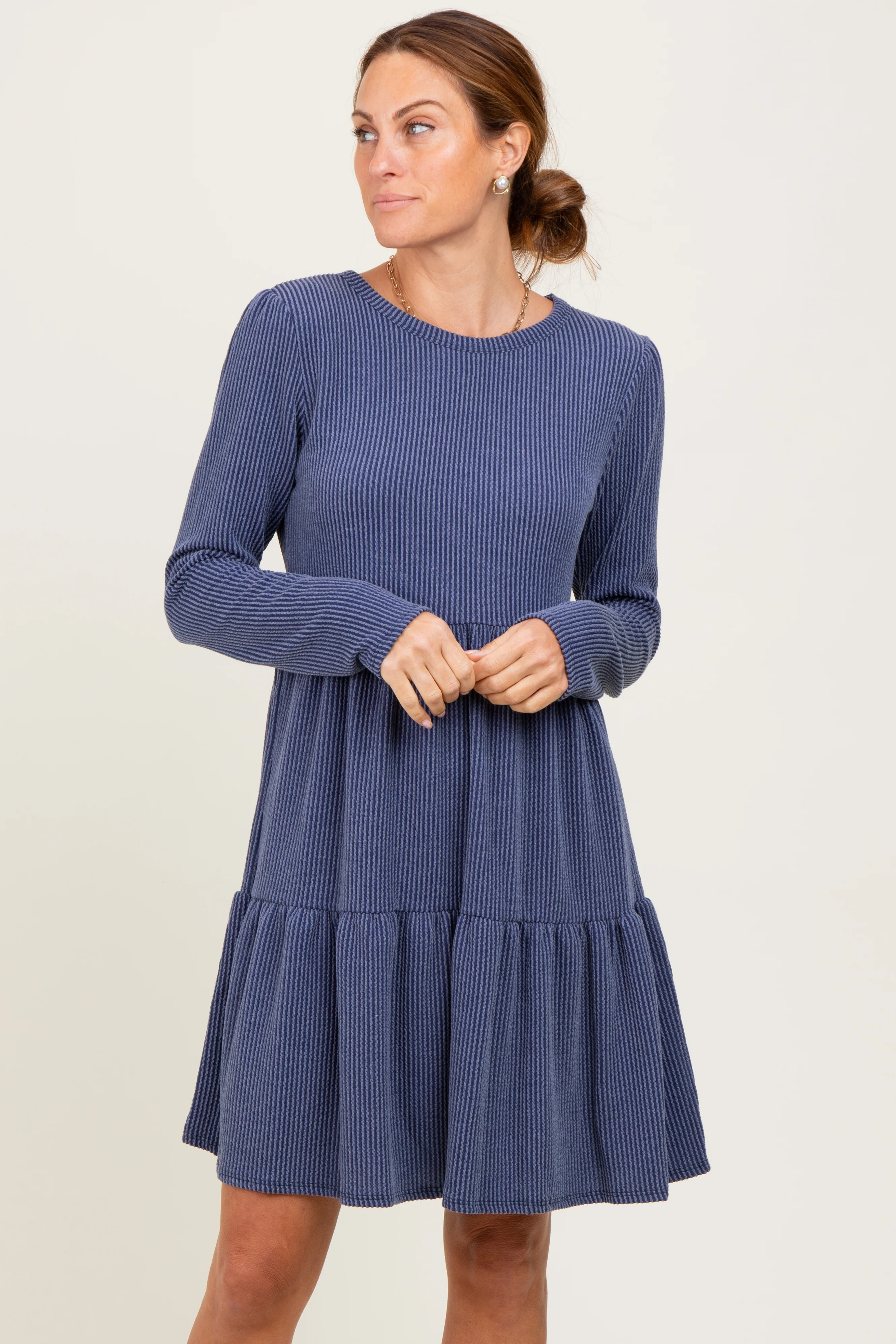 Navy Textured Rib Tiered Long Sleeve Maternity Dress - Image 5