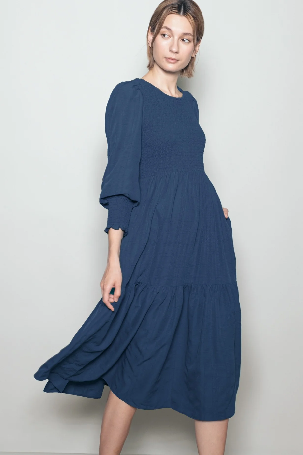 Navy Textured Stripe Smocked Midi Dress - Image 2