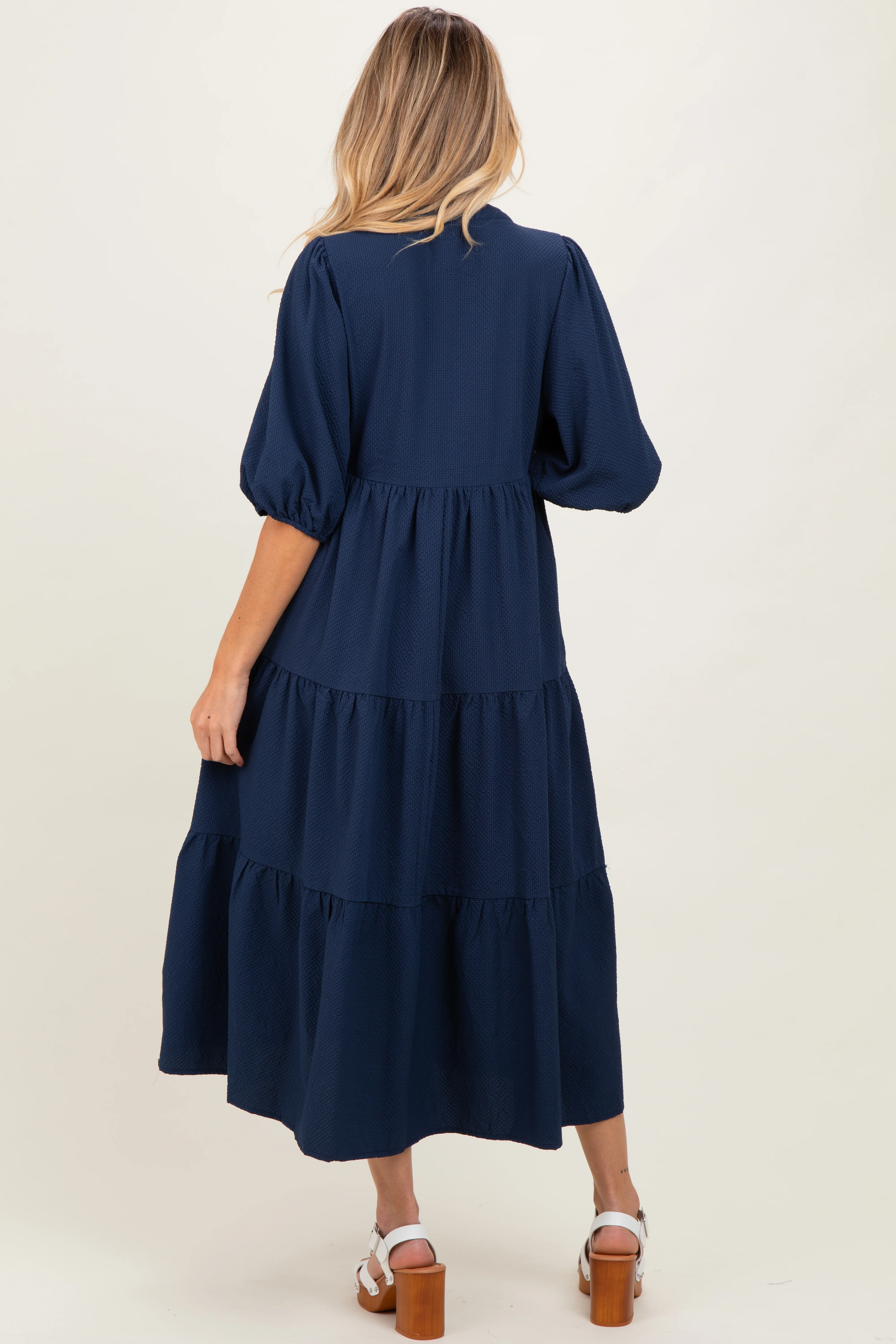 Navy Textured Tiered Puff Sleeve Maternity Midi Dress - Image 4