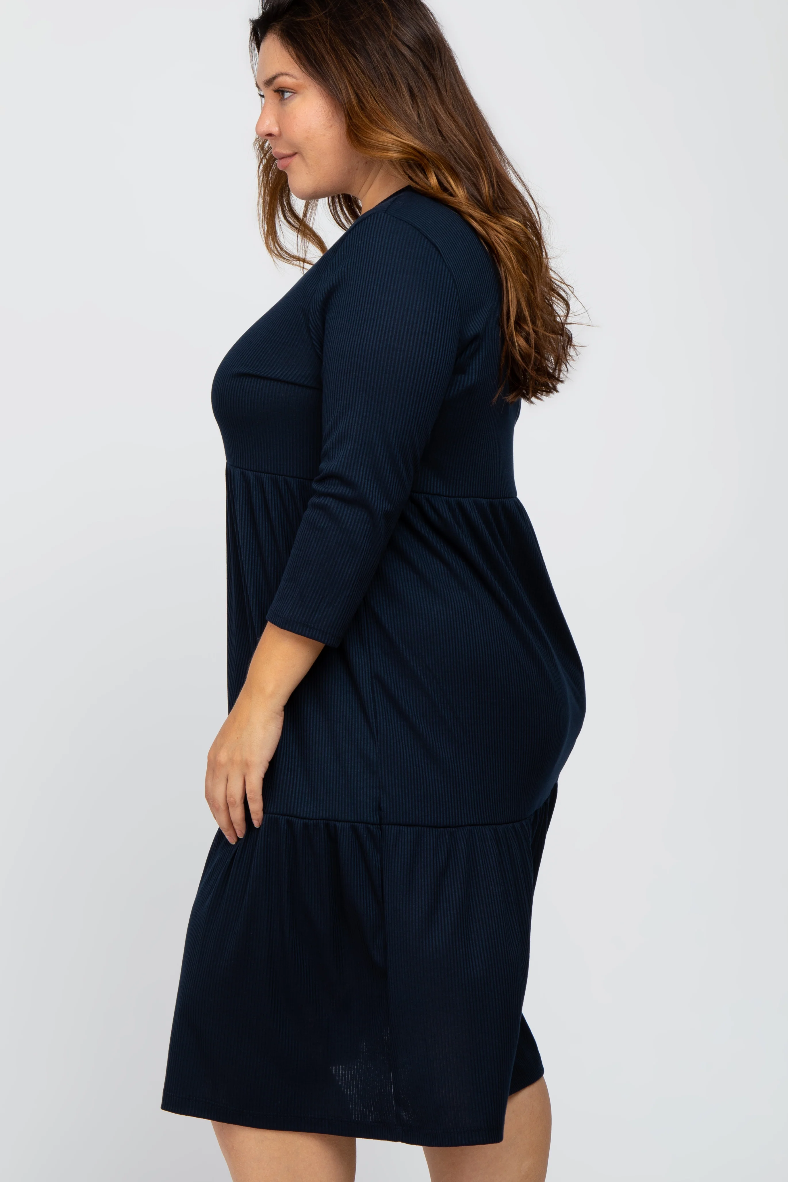 Navy Tiered Ribbed 3/4 Sleeve Plus Midi Dress - Image 3