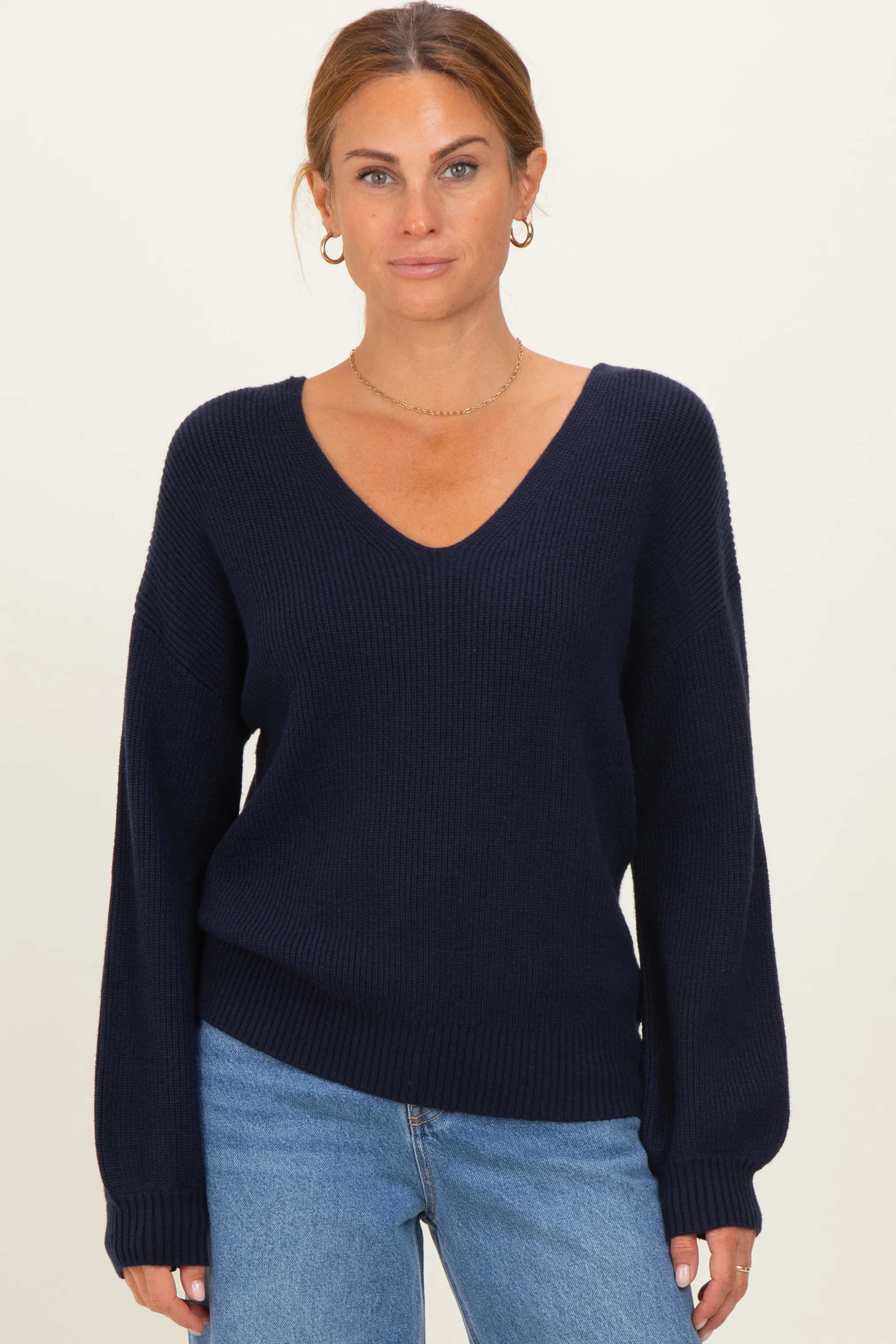 Navy V-Neck Drop Shoulder Back Bow Tie Detail Maternity Sweater - Image 4