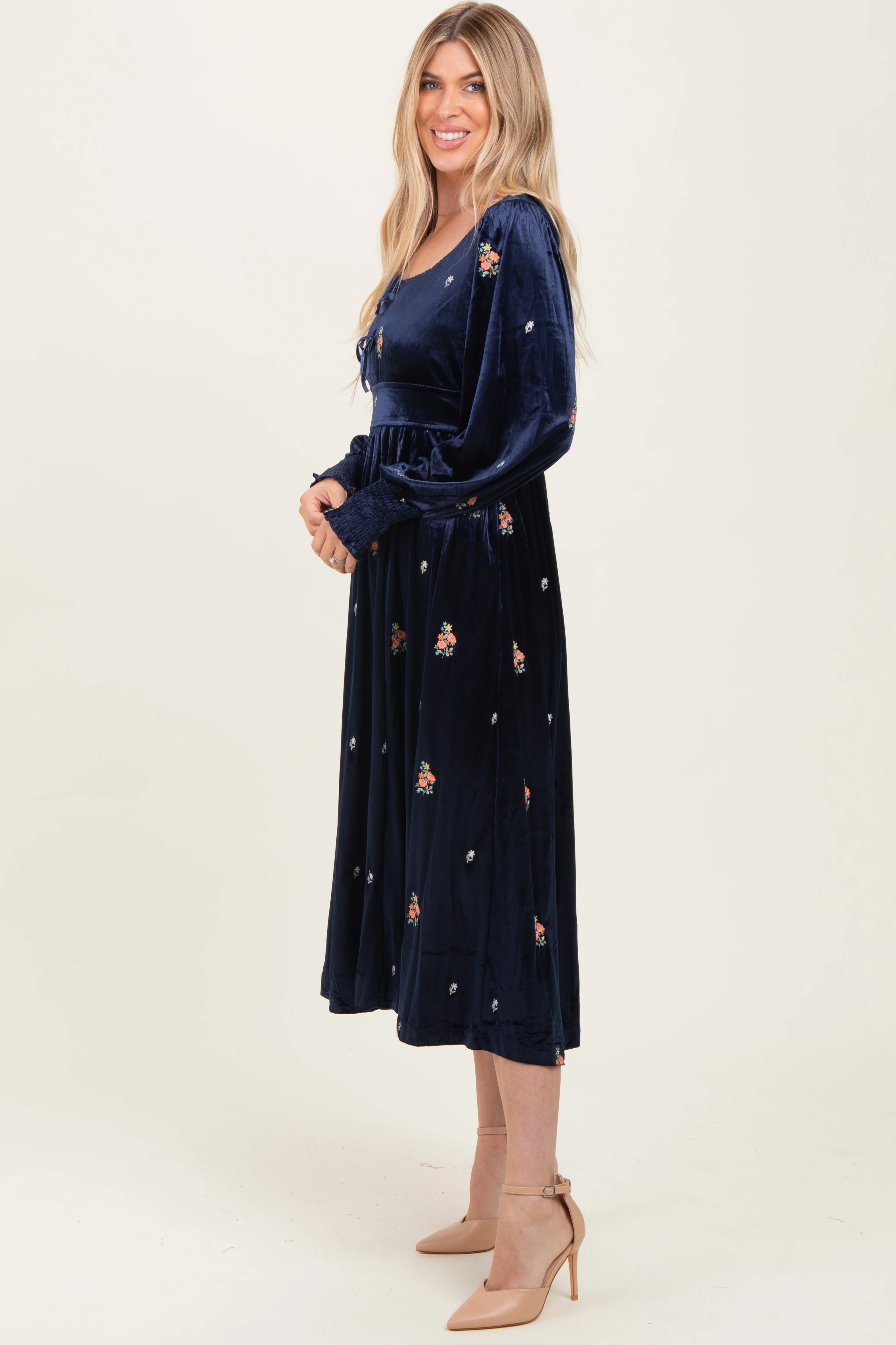 Navy Velvet Embroidered Floral Midi Dress - Image 3