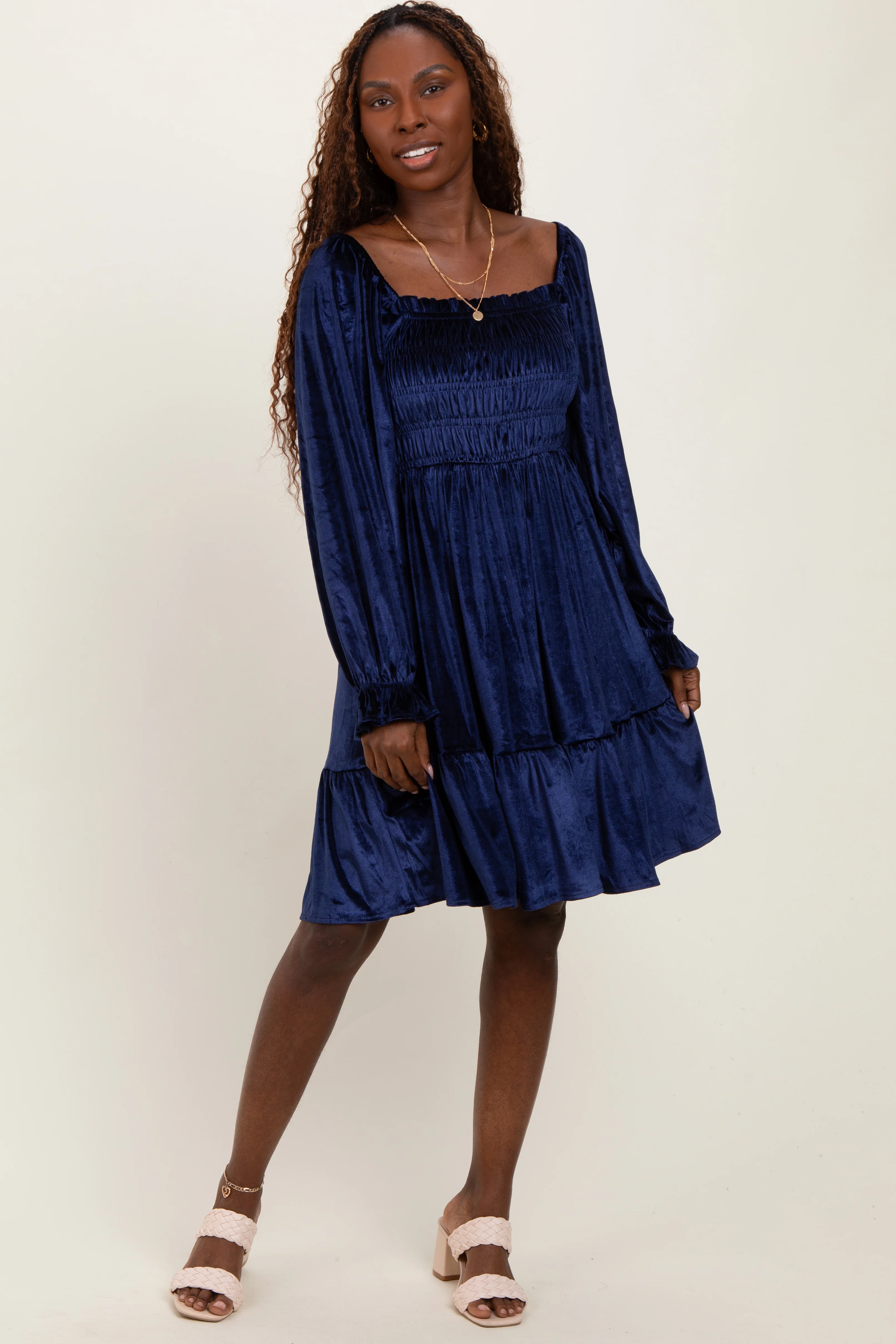 Navy Velvet Smocked Long Sleeve Maternity Dress - Image 4