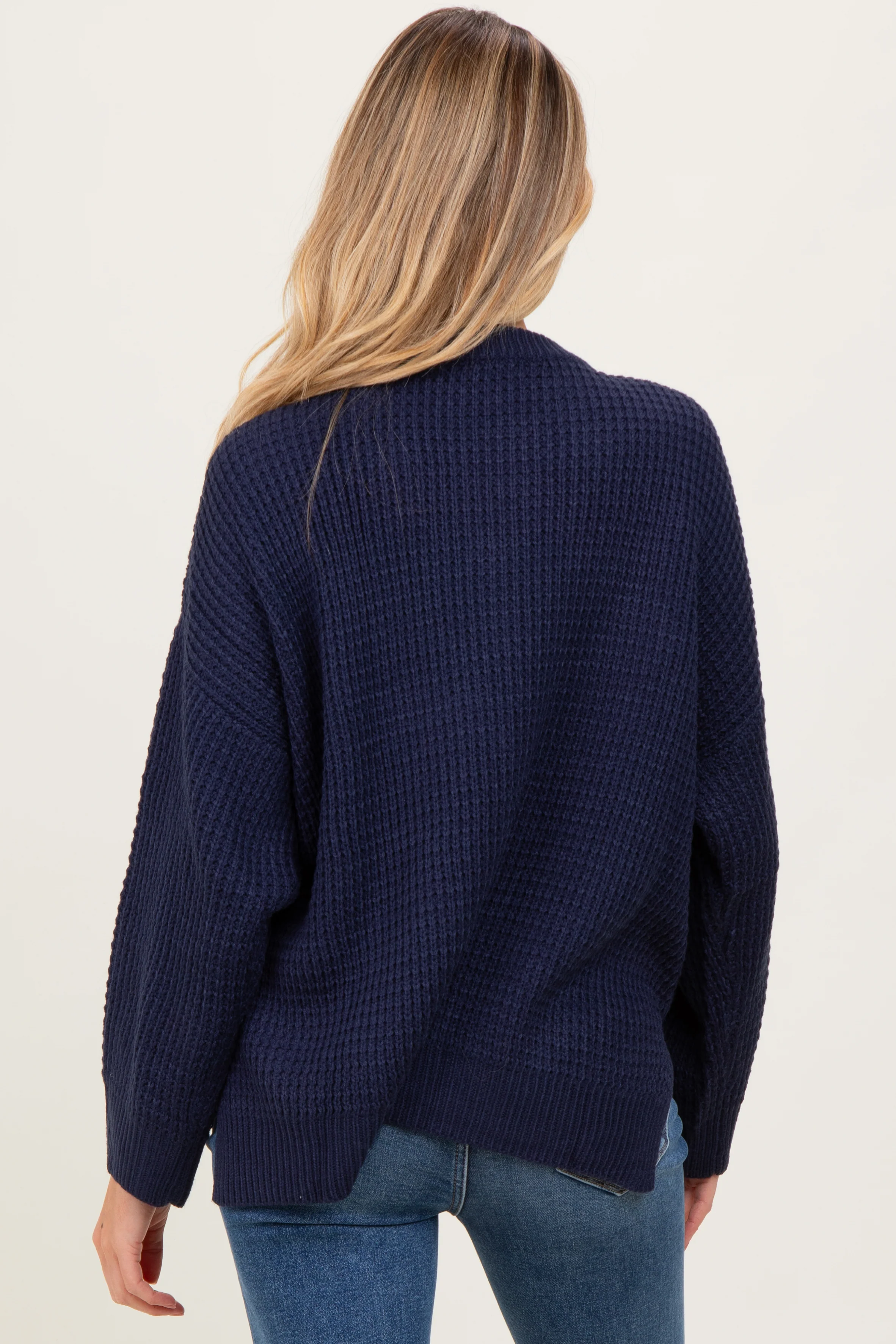Navy Waffle Knit Side Slit Maternity Sweater - Image 3